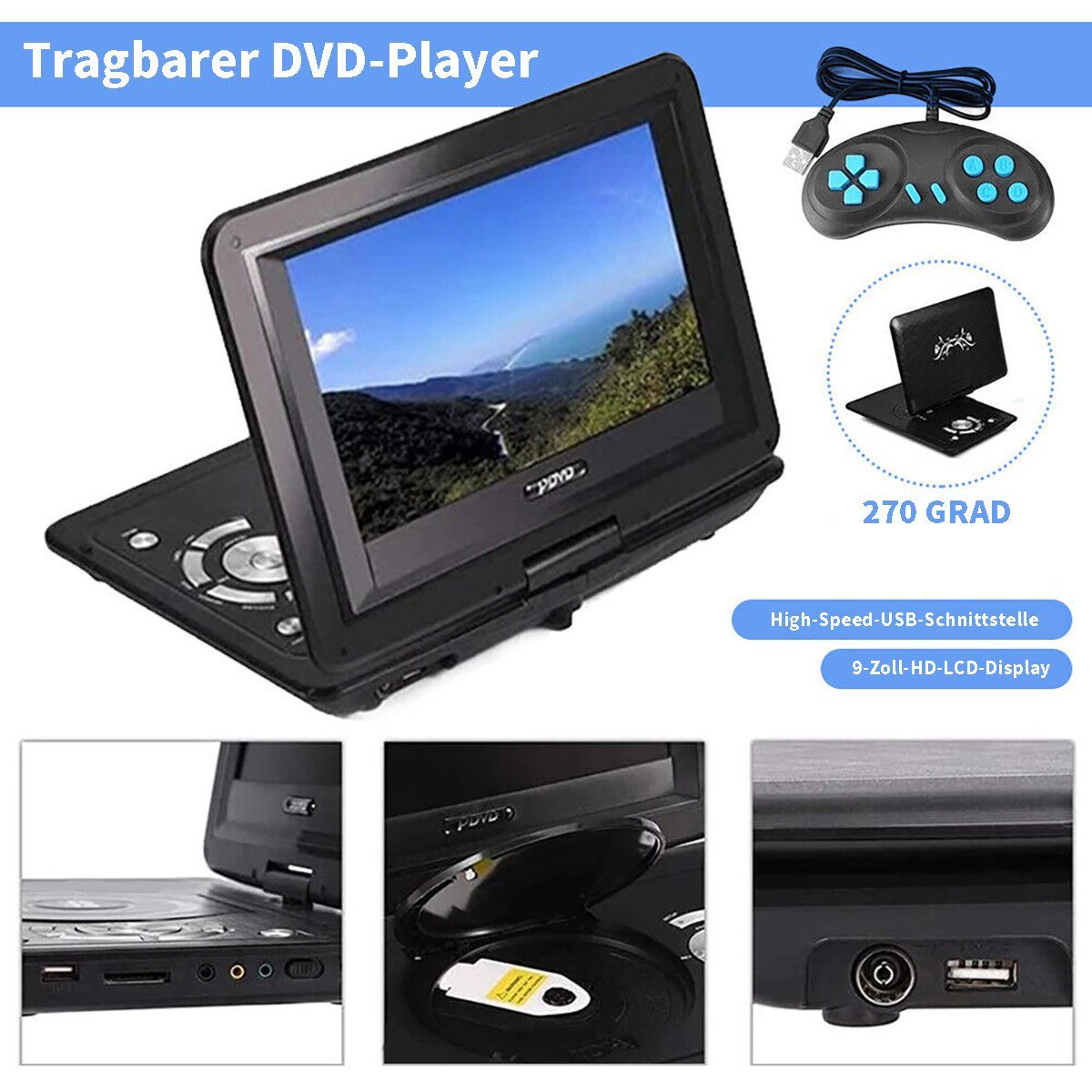 Yoyaxi Tragbarer 9-Zoll-3D-TV-VCD-HD-DVD-Player Portabler DVD-Player (LCD 270° schwenkbarer Bildschirm, Spiel-Joystick, VCD, USB)