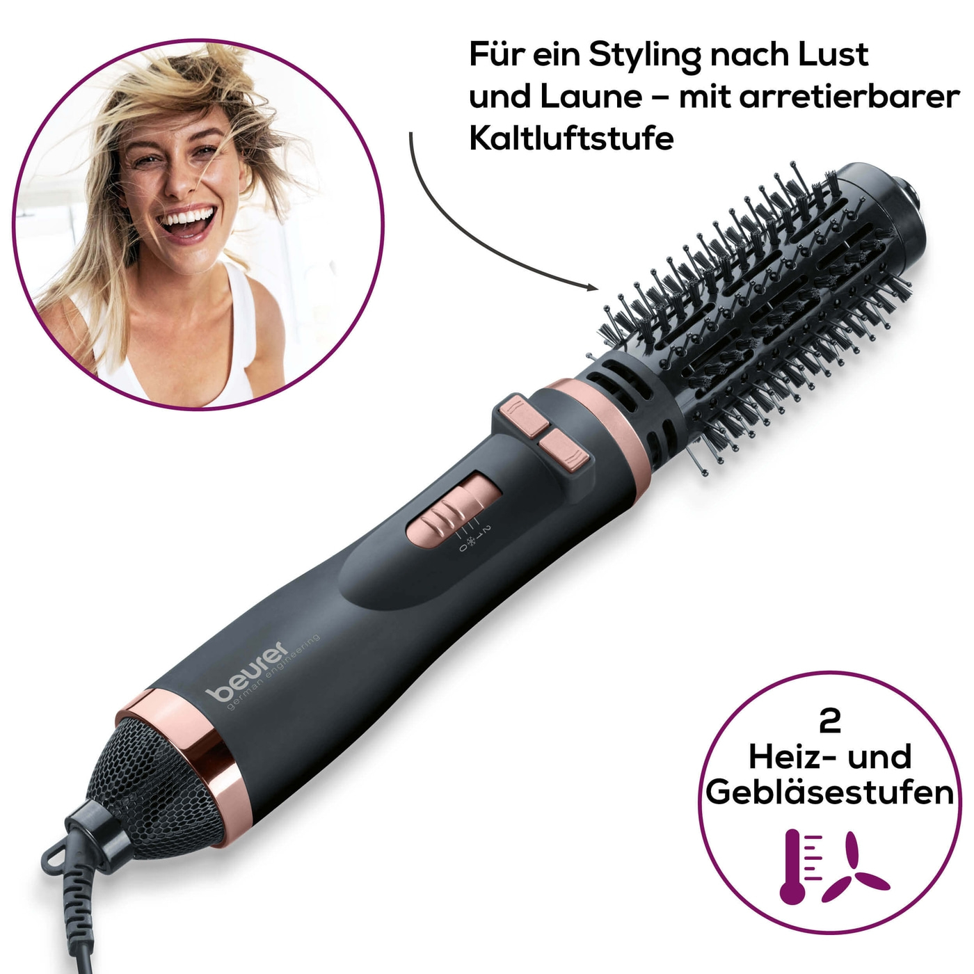 Beurer Rotierende Warmluftbürste - HT 80-Rotierende Ionen Föhnbürste mit 2 Aufsätzen für Volumen, Schwung & Locken