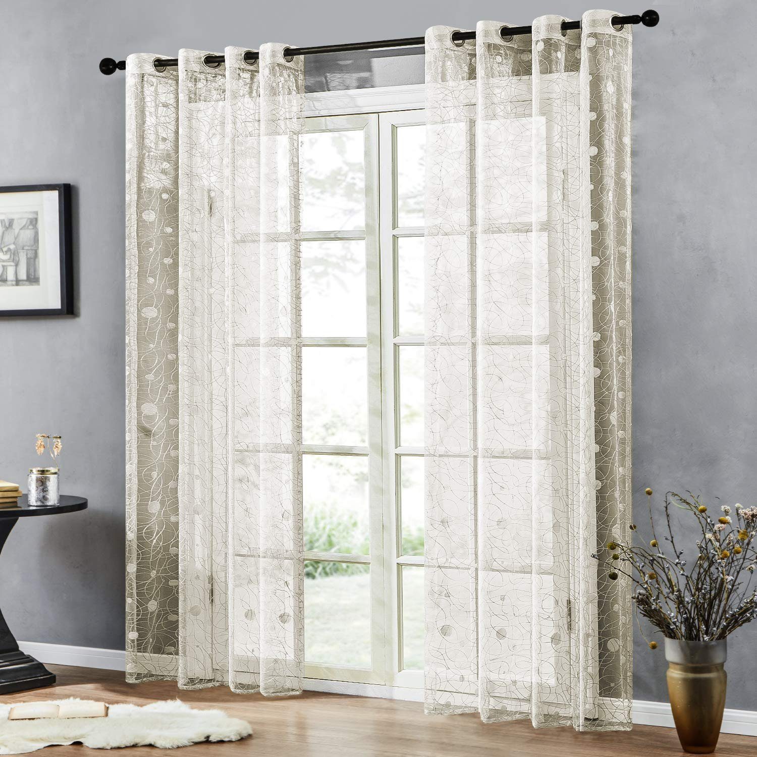 Gardine, HOMEIDEAS, Ösen (2 St), halbtransparent, mit gestickten Punkten