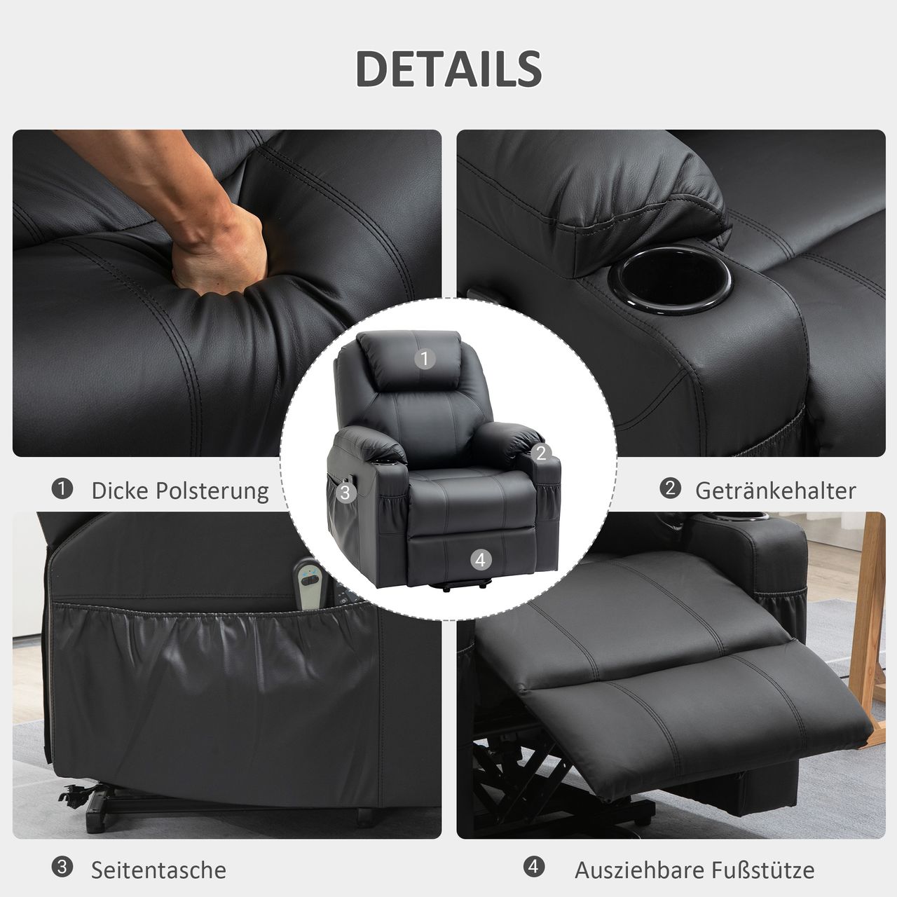 HOMCOM Elektrischer Aufstehsessel, Massagesessel mit Liegefunktion, Schwarz