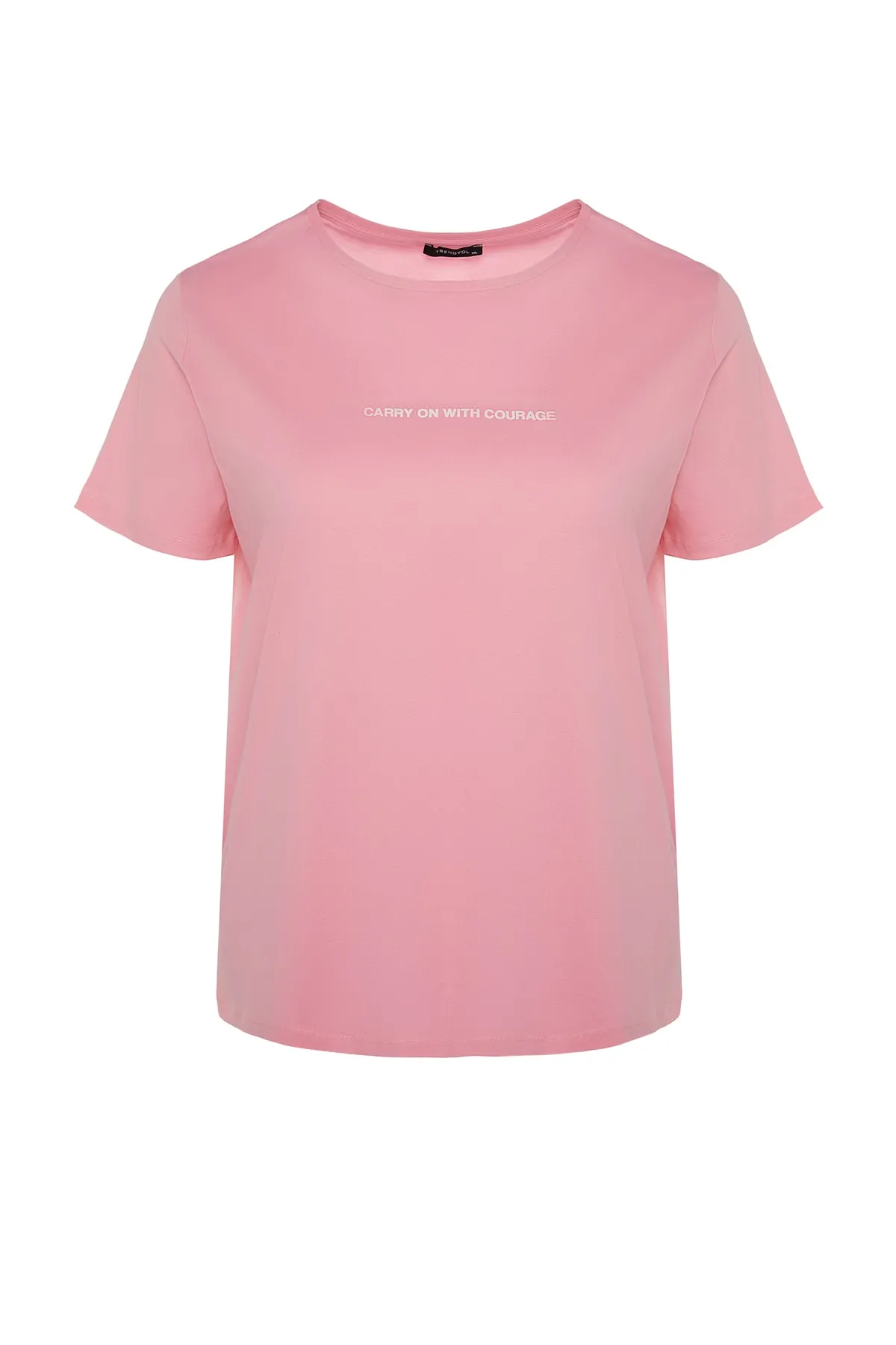 Trendyol Curve  Rosa bedrucktes Strick-T-Shirt mit Rundhalsausschnitt TBSSS23BF00022