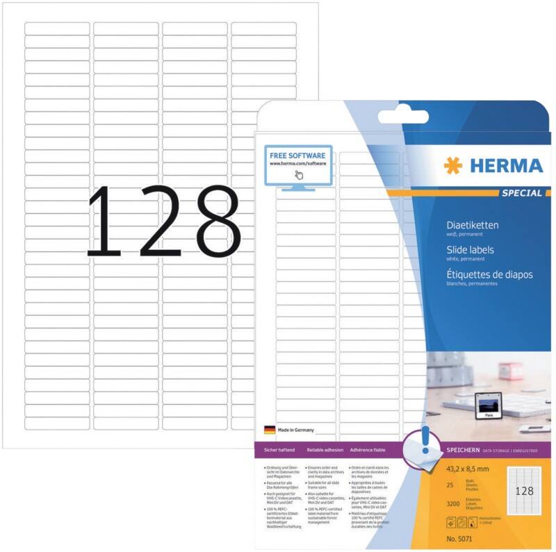 HERMA SPECIAL A4 CD/DVD Etiketten 5071 haftend DIN A4 Weiß 43,2 x 8,5 mm 25 Blatt à 128 Etiketten