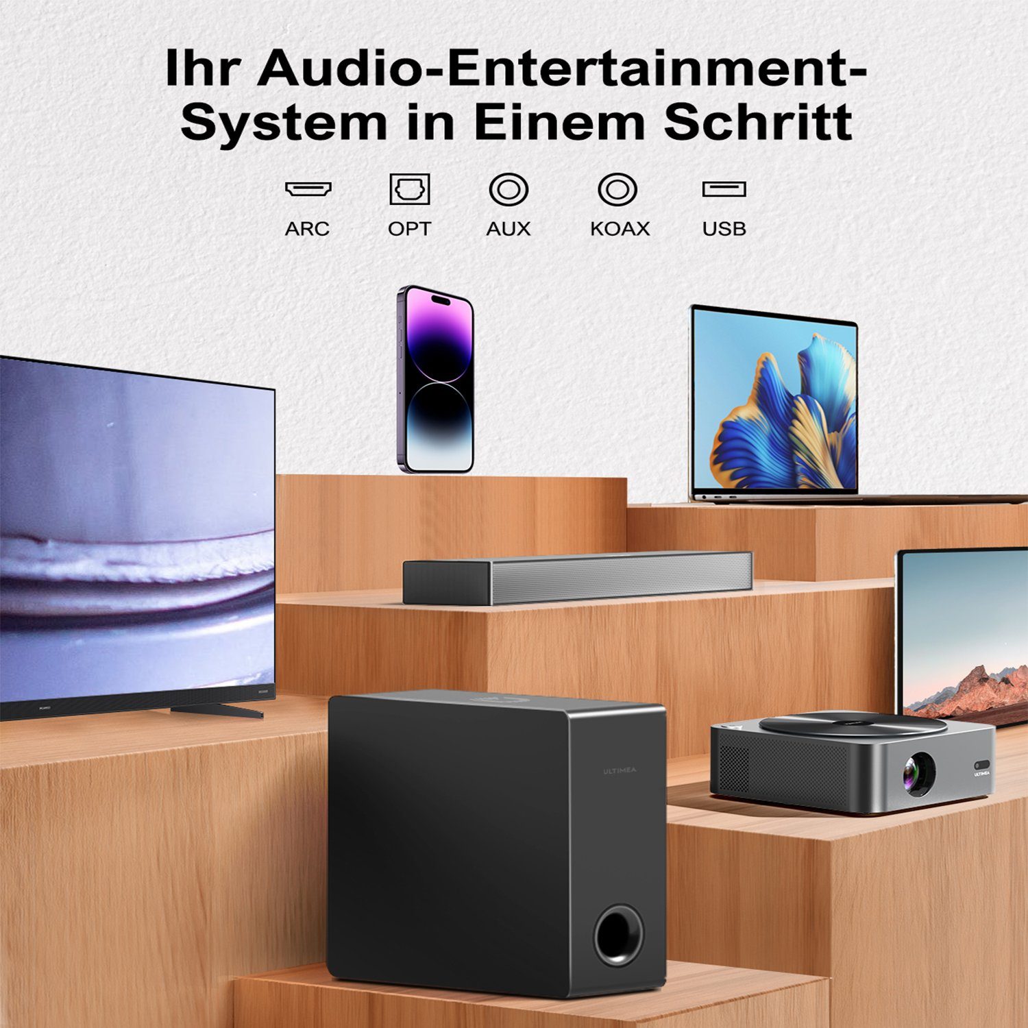 Ultimea Nova S40 2.1 Soundbar (HDMI ARC, 160 W, Surround-Sound, Bass Verbessert, 35mmT, Schlank Aber Leistungsstark)