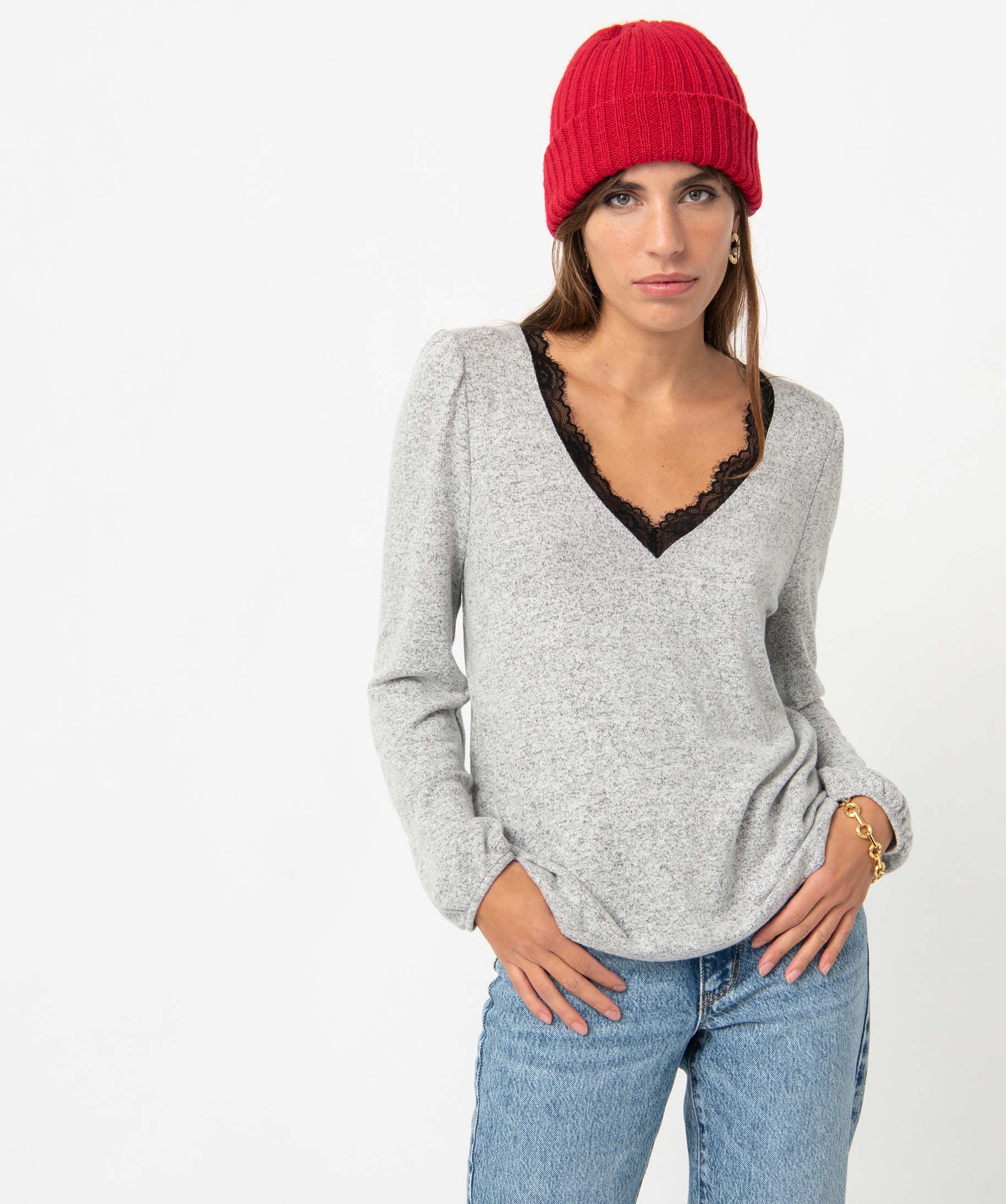 Pull femme en maille douce à col V en dentelle gris clair | GEMO