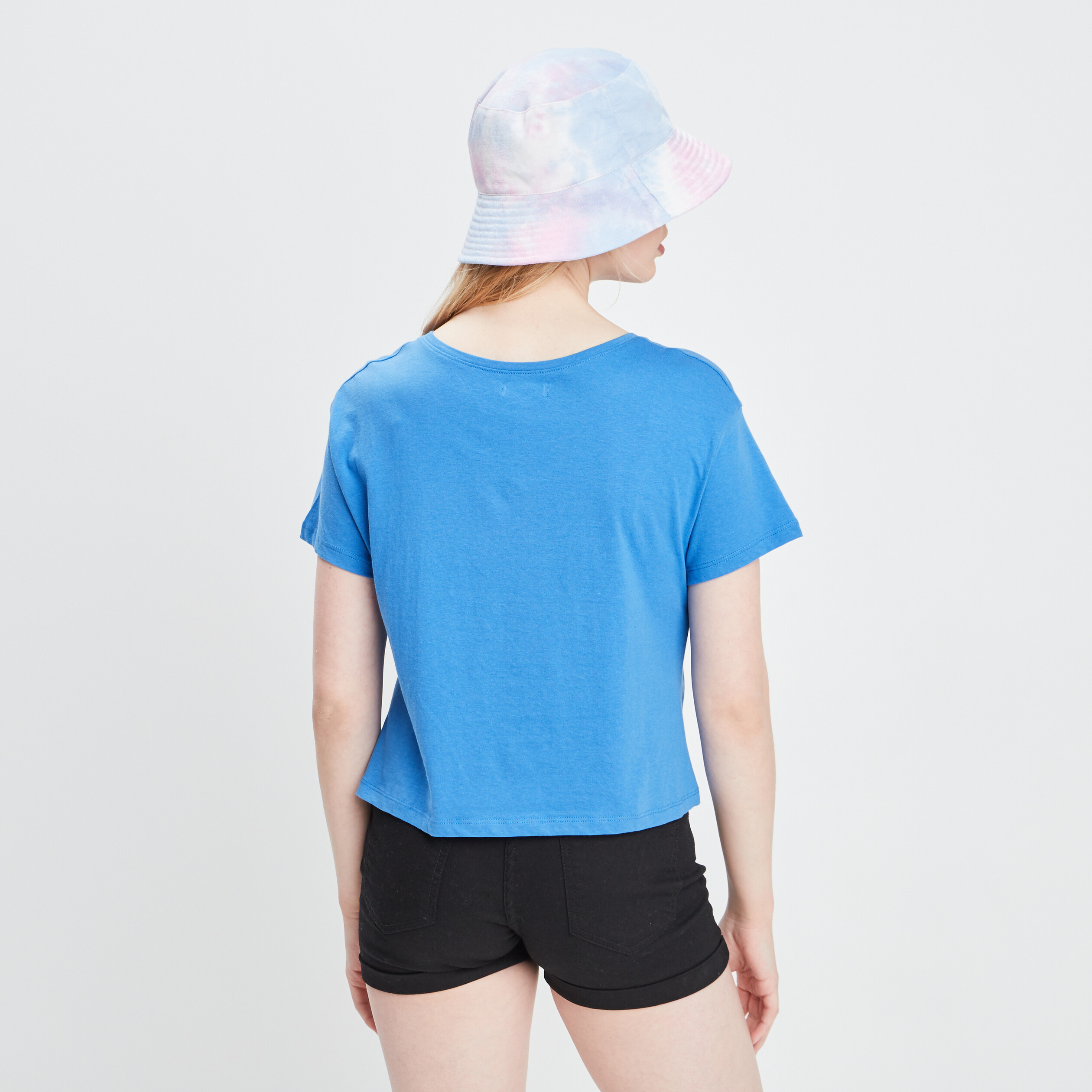 T-shirt cropped col rond bleu electrique femme | La Halle