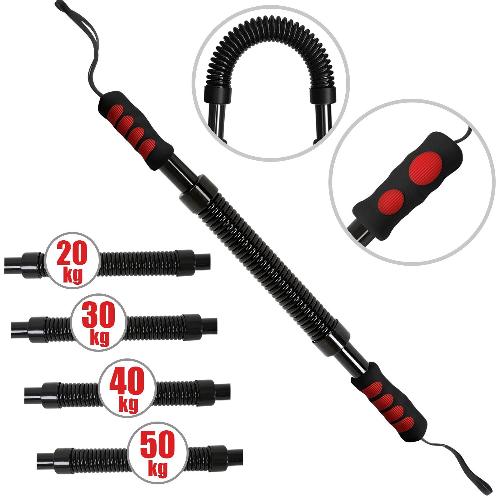 Physionics Hantel Biegehantel - 20/30/40/50 kg, Stahl, Schwarz, für Arm und Unterarm, Bizeps und Brust Krafttraining - Königsfeder, Power Twister, Armtrainer, Expander, Spannfeder, Widerstandsfeder