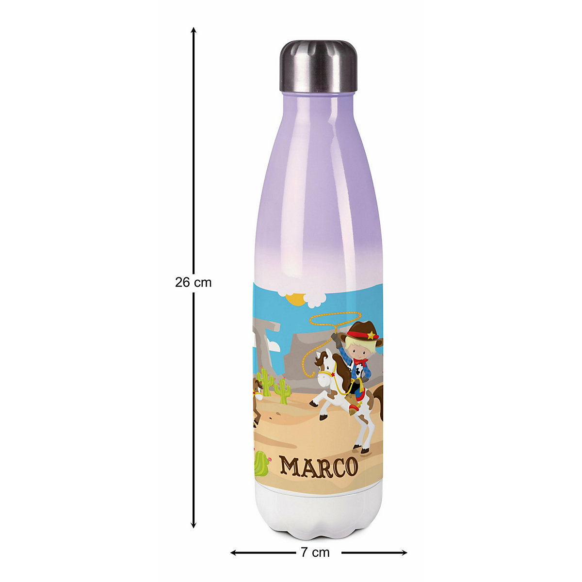 Edelstahl Kinder Thermoflasche / Trinkflasche bunt Cowboy Spülmaschinenfest, Auslaufsicher, Bruchfest, Doppelwandig, Für Heißgetränke geeignet, Mit Deckel, Isoliert