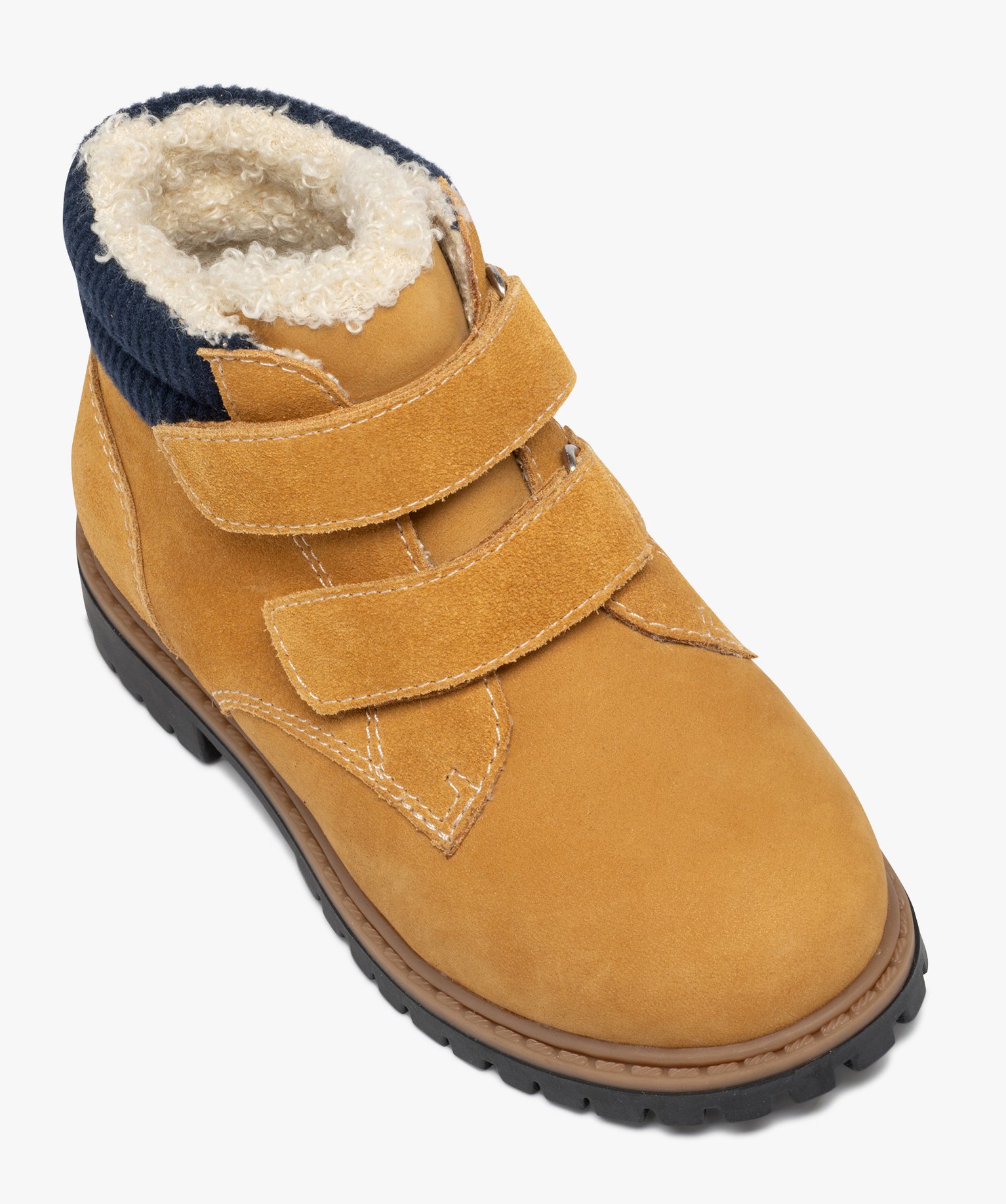 Boots Garçon unies à col fourré et à double scratch camel | GEMO