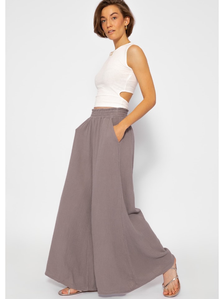 SASSYCLASSY Musselin Pants mit weitem Bein in Taupe günstig kaufen