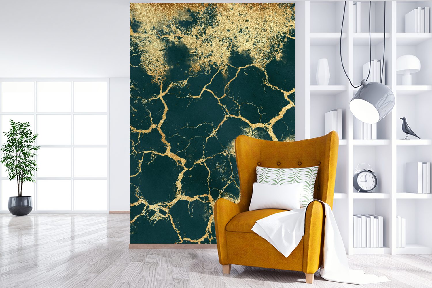 MuchoWow Fototapete Gold - Marmor - Grün, Matt, bedruckt, (3 St), Montagefertig Vinyl Tapete für Wohnzimmer, Wandtapete