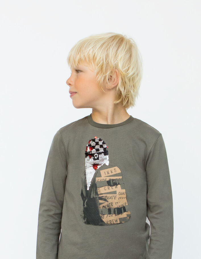 T-shirt kaki coton bio skate en sequins réversibles garçon