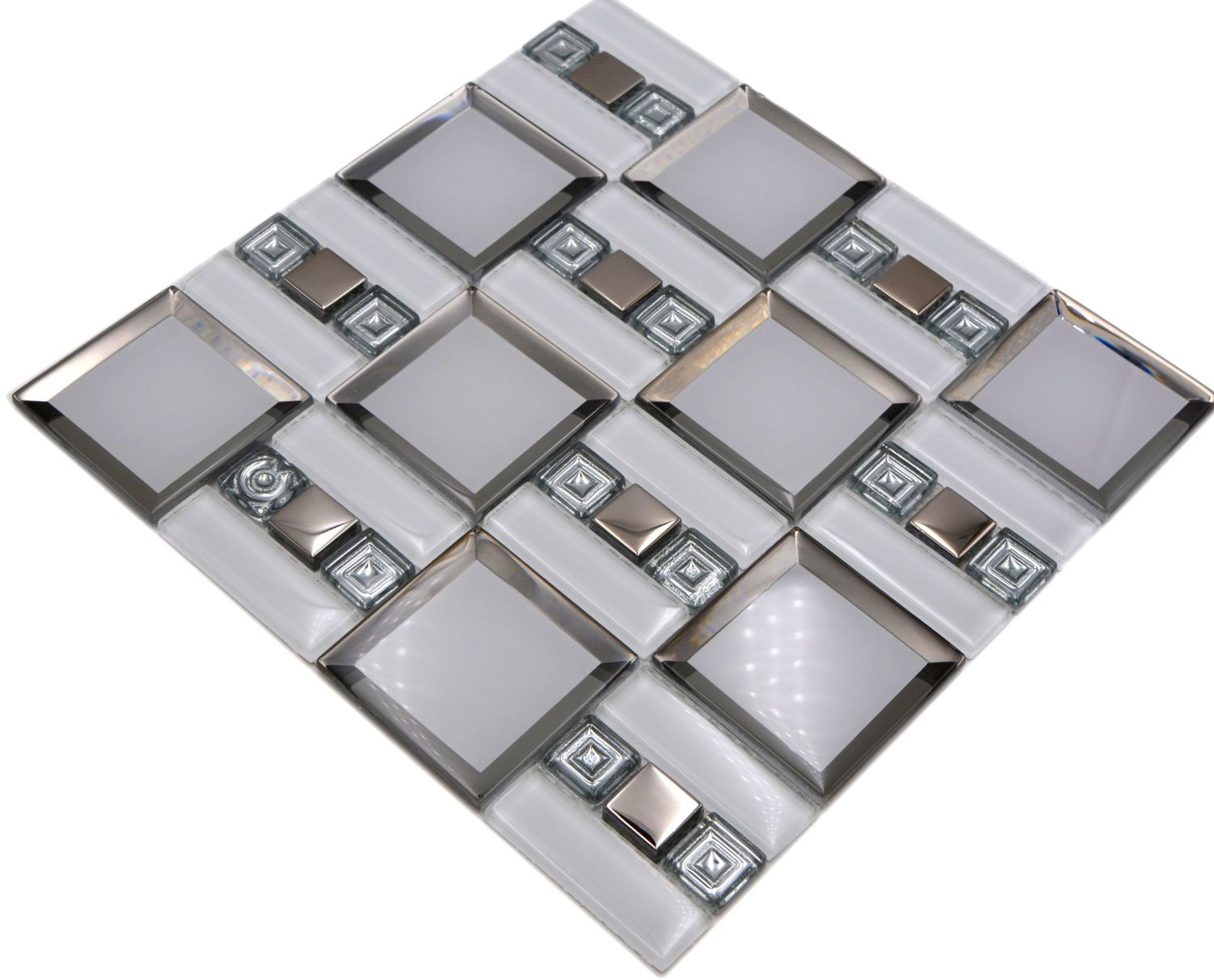 Mosani Mosaikfliesen Glasmosaik Mosaikfliese weiss silber glänzend Wand Küche