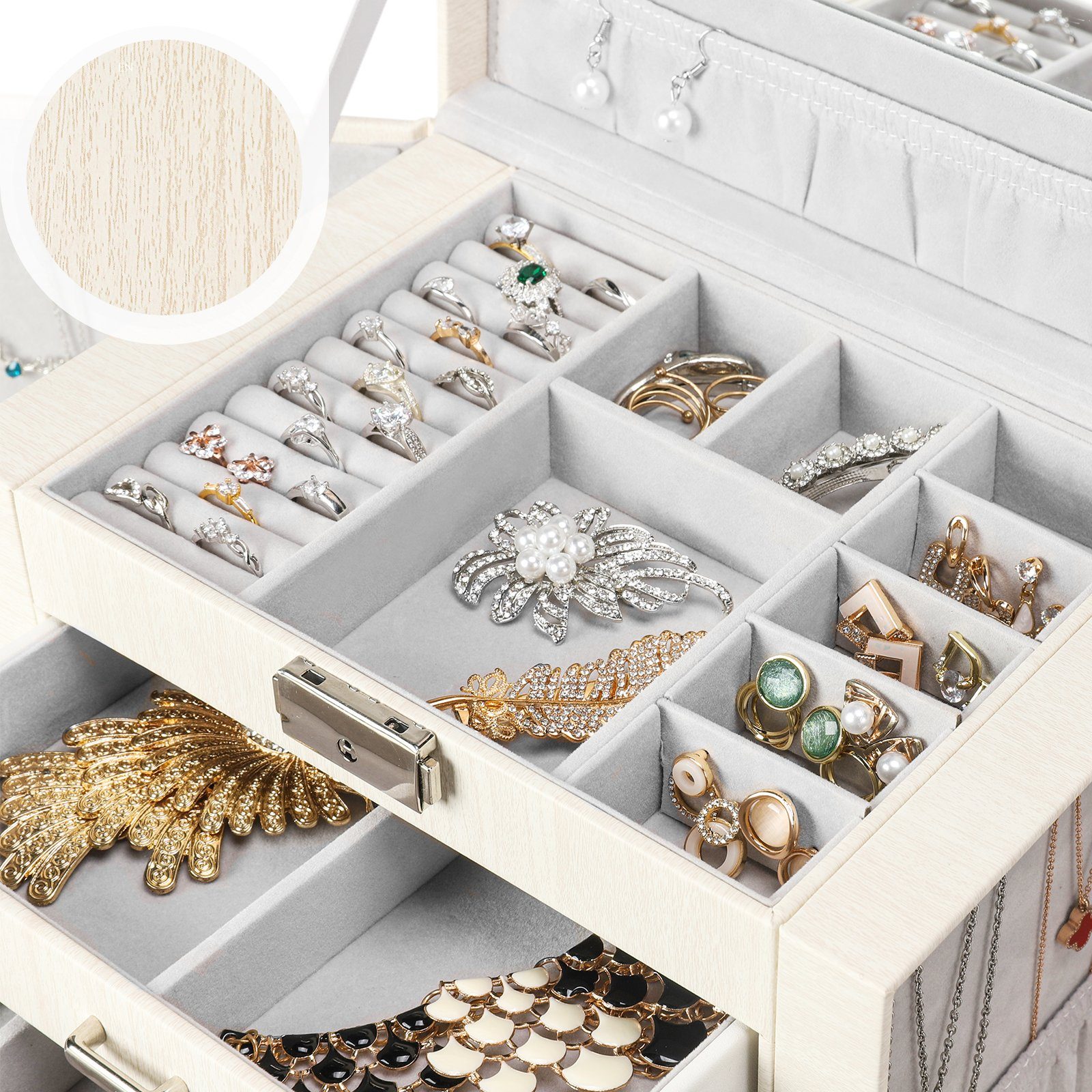 Yorbay Schmuckkasten Schmuckkoffer mit 4 Ebenen/2 Seitenfächern, Cremeweiß mit Holzmaserung (Abschließbar, Mit herausnehmbarer Mini-Box, Mit Spiegel), Schmuckkästchen für Halsketten/Uhren/Ringe/Armbänder/Ohrringe/Brille