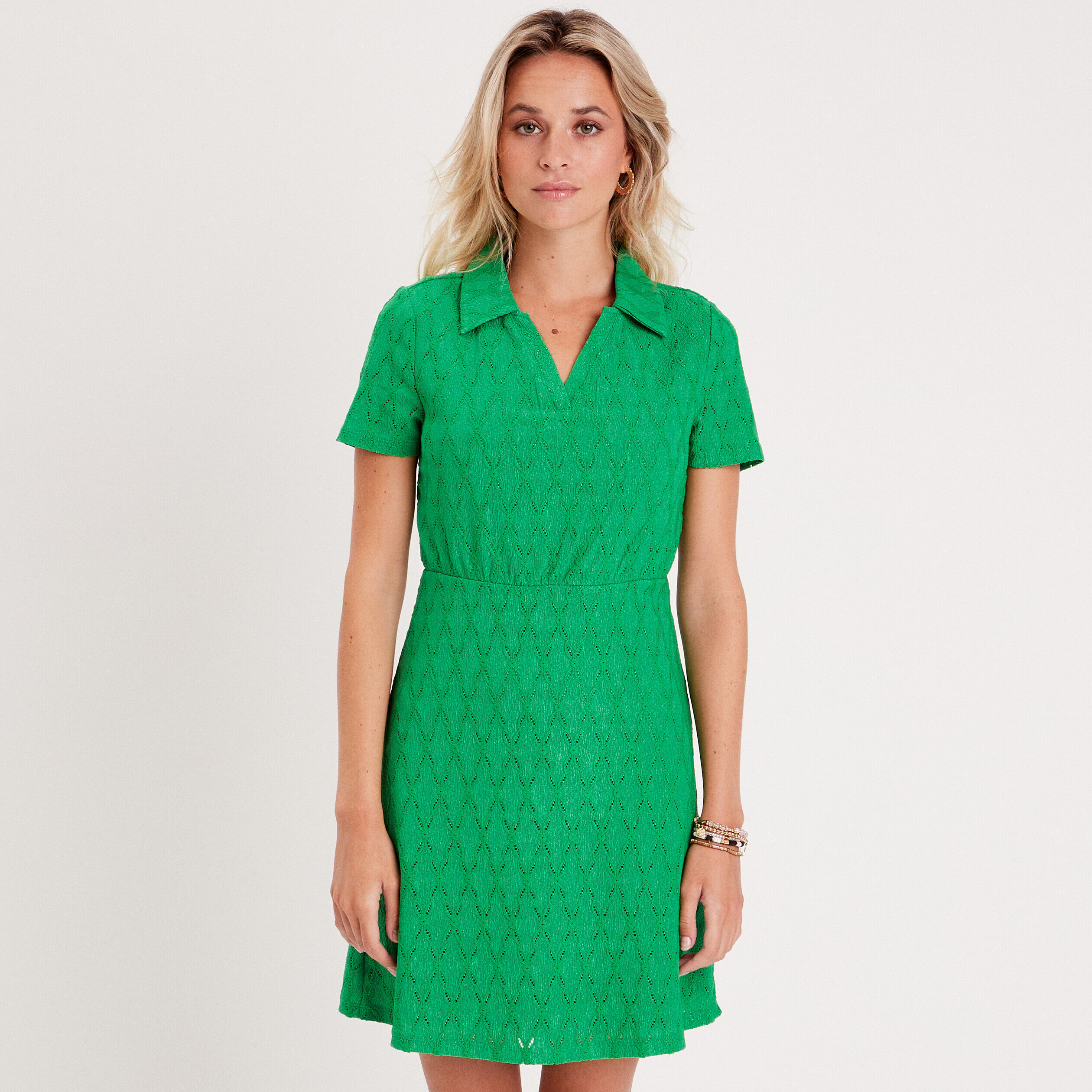 Robe évasée ajourée col polo vert femme | Cache Cache