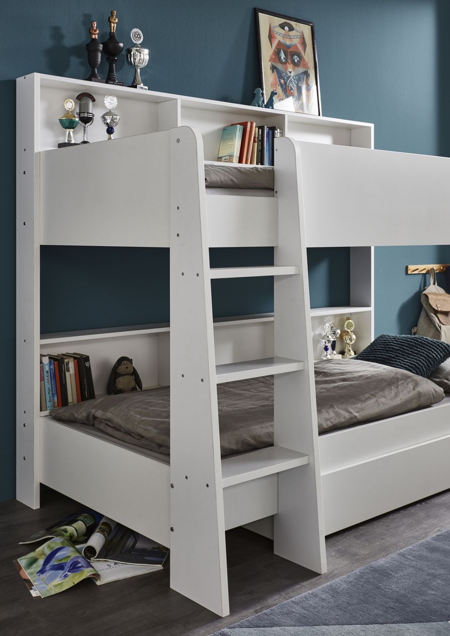 Relita Etagenbett SWAY mit 2x Liegeflächen 90x200 cm, inkl. Bodenplatte und Regalen, Dekor Weiß