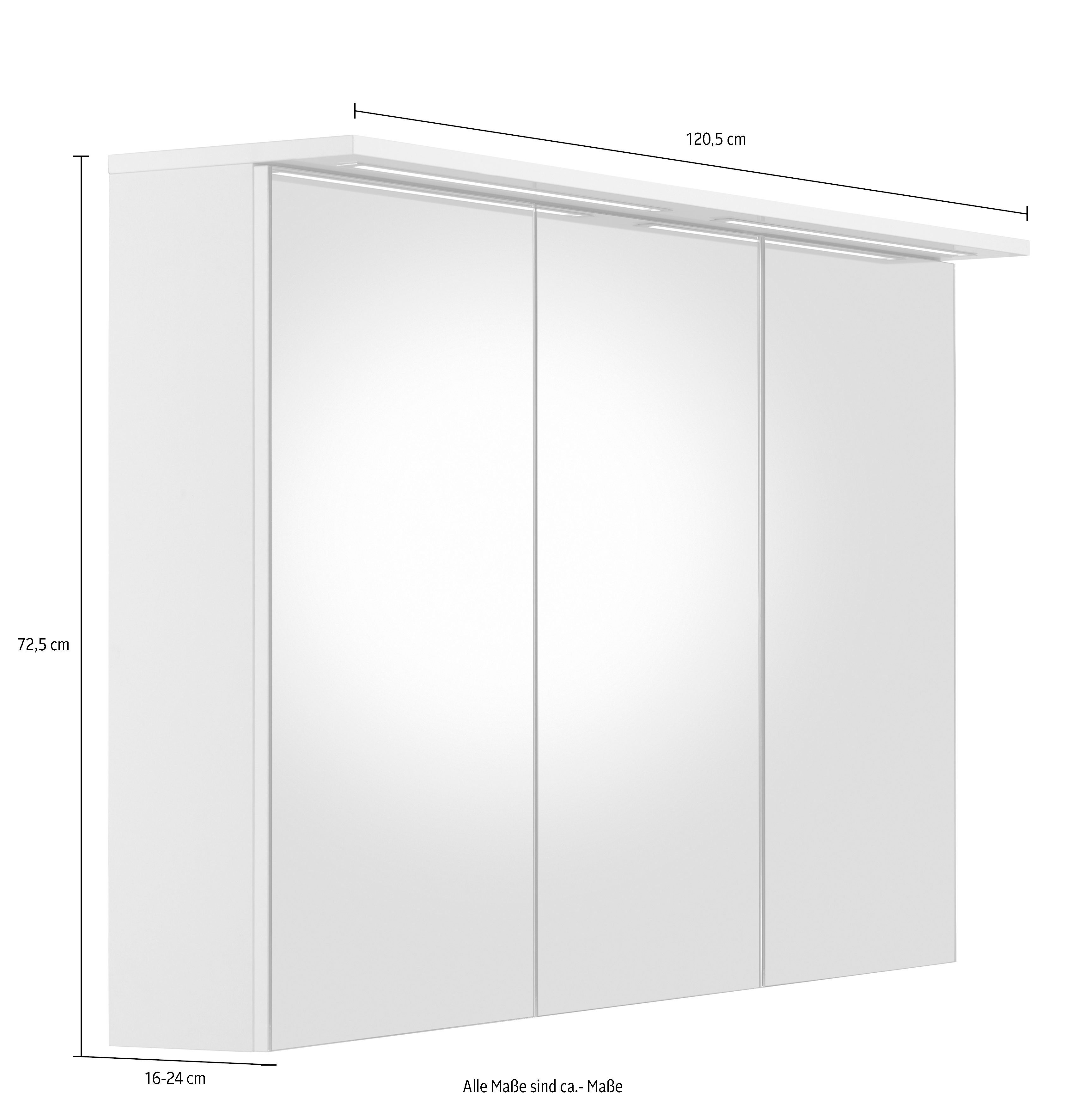 Schildmeyer Spiegelschrank Profil 16 Breite 120 cm, 3-türig, 2x LED-Beleuchtung, Schalter-/Steckdosenbox
