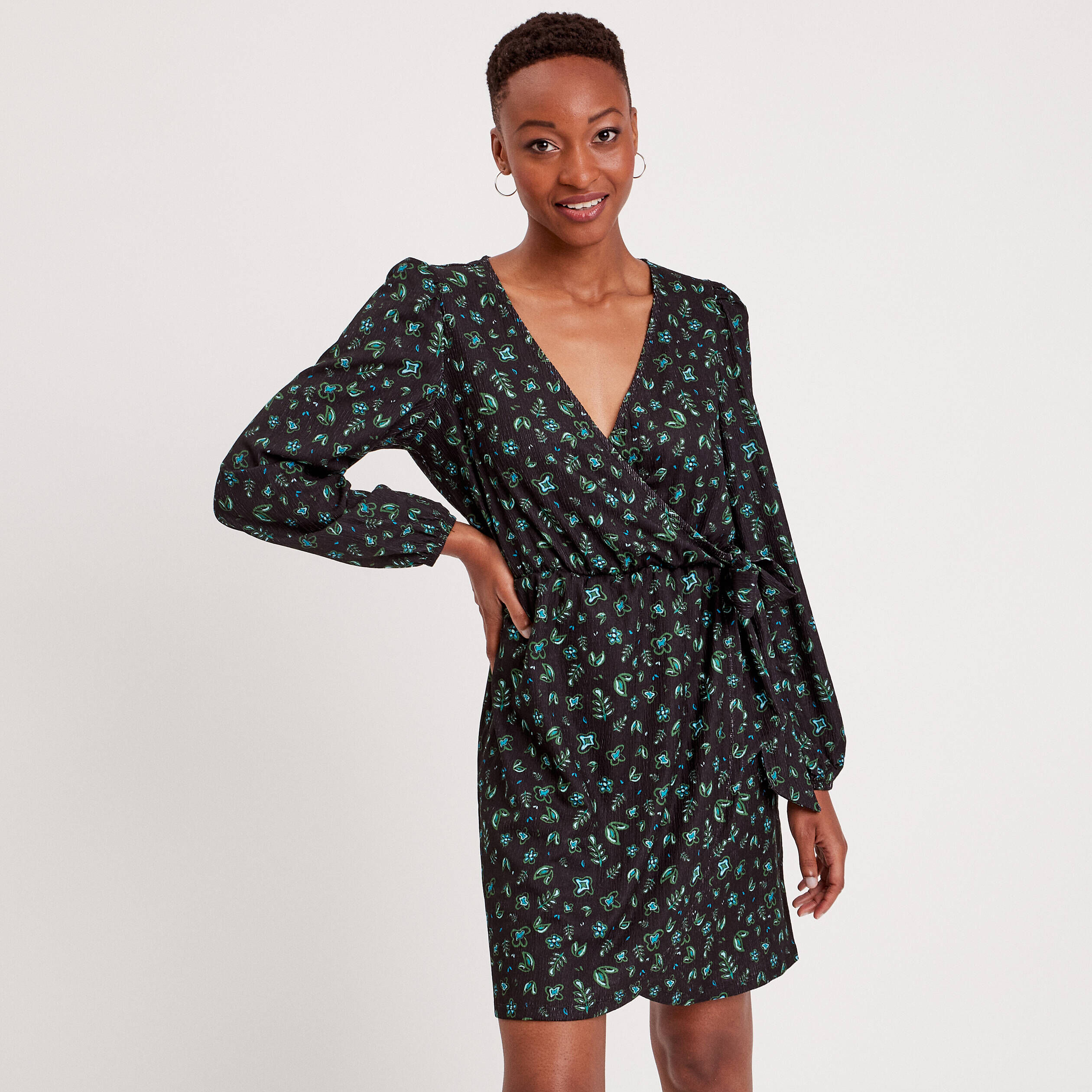 Robe évasée col cache-coeur noir femme | Cache Cache