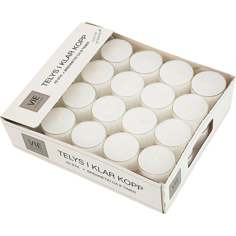 Vie Selected Telys 40-pk 8 timer, klar kopp hvit voks