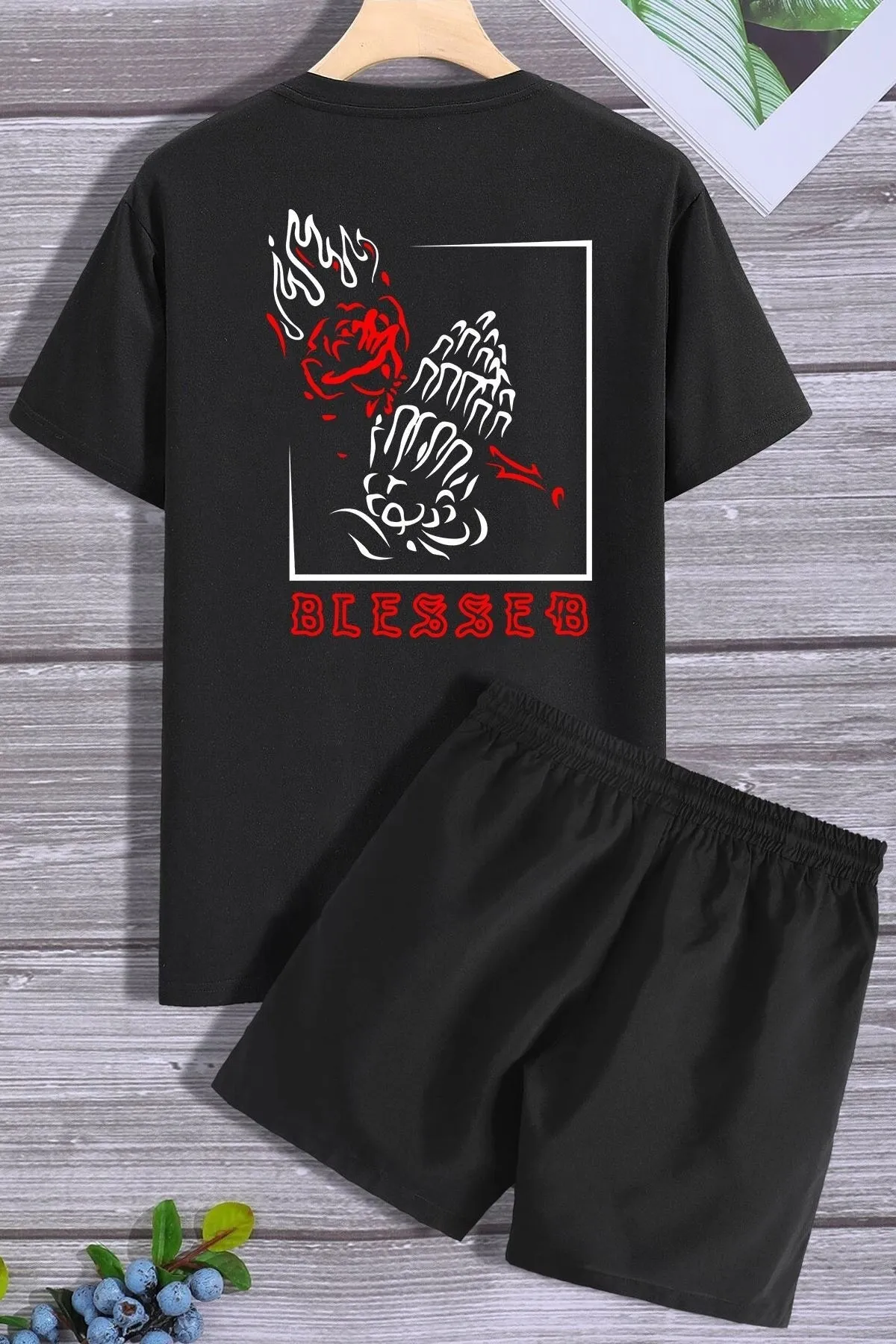 trendypassion  Shorts-T-Shirt-Trainingsanzug-Set mit Rückendruck