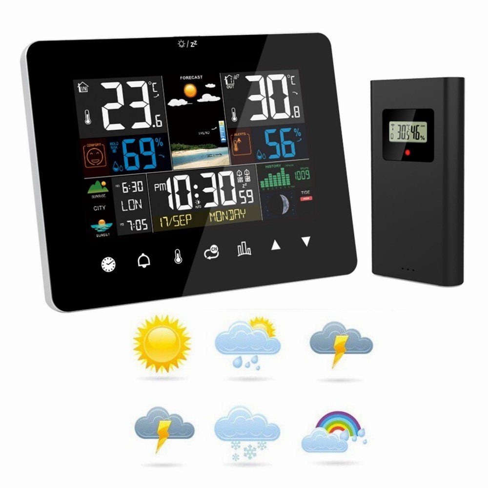 LETGOSPT Funkwetterstation mit Außensensor, Funk Wetterstationmit Kalender Funkwetterstation (Kalender Thermometer Hygrometer Farbdisplay)