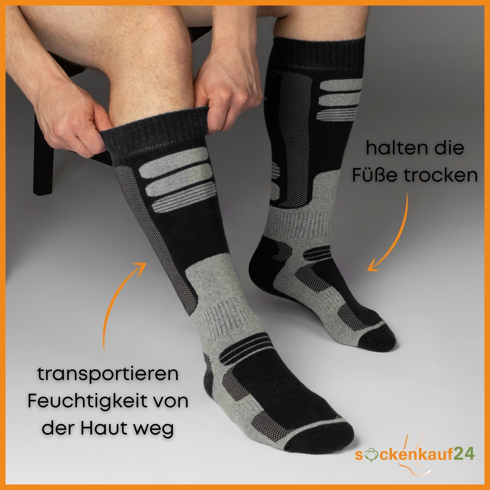 sockenkauf24 Skisocken 2 Paar Ski Strümpfe Herren & Damen Ski Socken lang (Schwarz/Schwarz, 43-46) Atmungsaktiv - 42816 WP