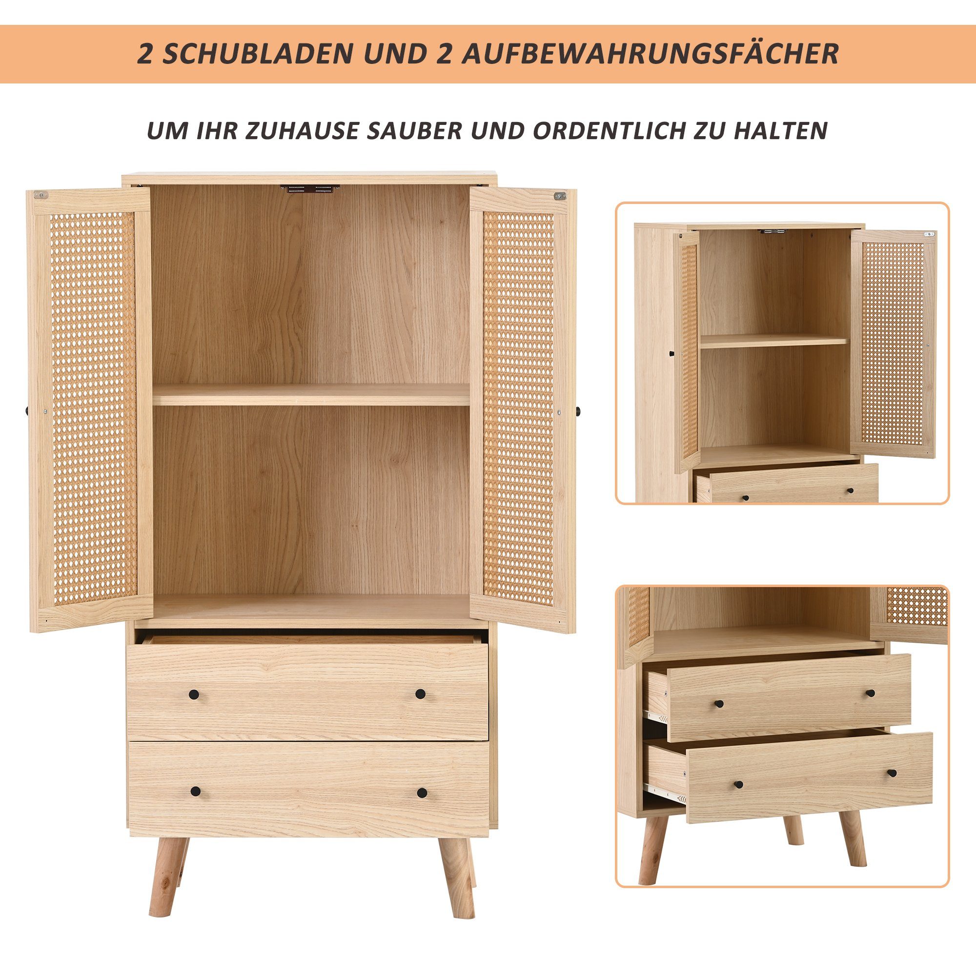 Flieks Kommode, Sideboard mit 2 Schubladen und 2 Türen Rattan 60x40x120cm