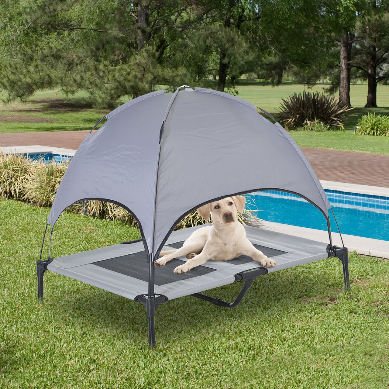 PawHut Haustierbett mit Baldachin Erhöhtes Hundebett Hundeliege outdoor Grau