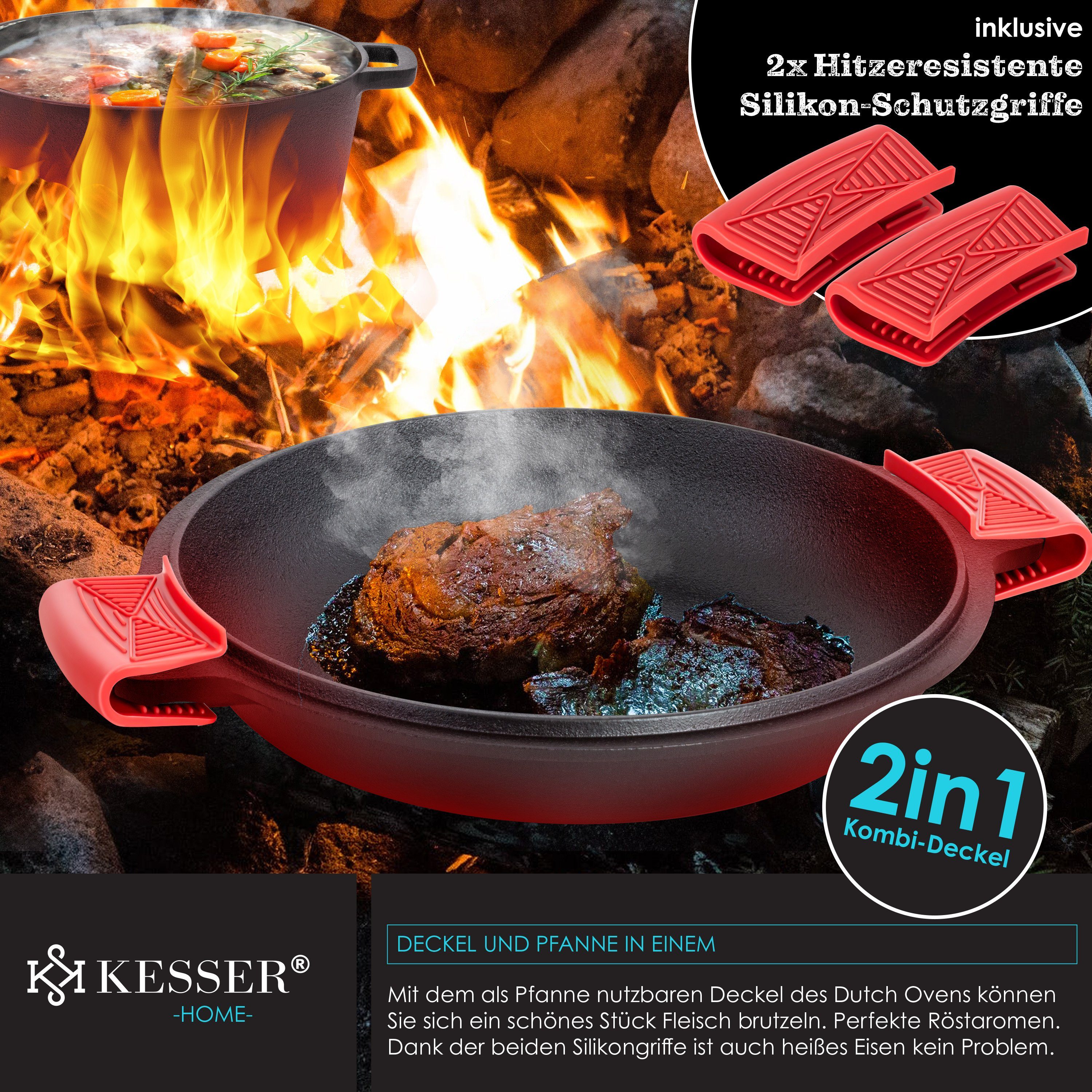 KESSER Feuertopf, Gußeisen, Dutch Oven 2in1 Gusseisen Topf 4,8L und Pfanne 1,8L