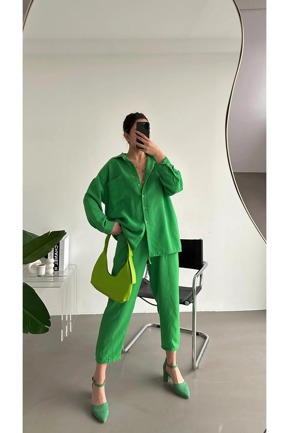 BEJNA  Grünes Oversize-Leinenhemd-Hose-Unterteil-Top-Set für Damen