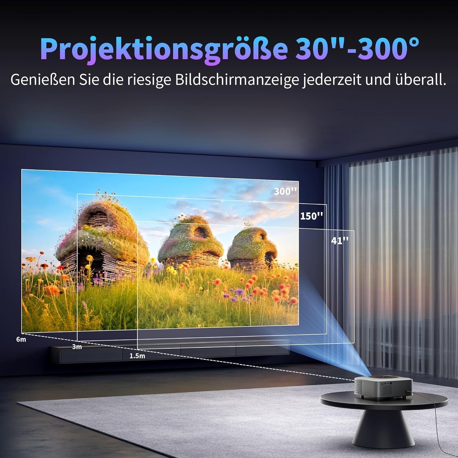 sainyer 4K mit Android 12.0 OS 4GB RAM 32GB ROM, [Digital Focus] Portabler Projektor (500 lm, 20000:1, 3840 x 2160 px, mit WiFi-6,Bluetooth 5.0 4K 8K-Unterstützung,Outdoor ZOOM 300)