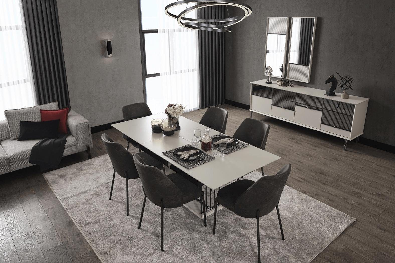 JVmoebel Esszimmer-Set Moderne Essgruppe Designer Esszimmergarnitur Esstisch Stühle, (9-St., Esstisch, 6x Stühle, Sideboard, 2x Spiegel), Made in Europa