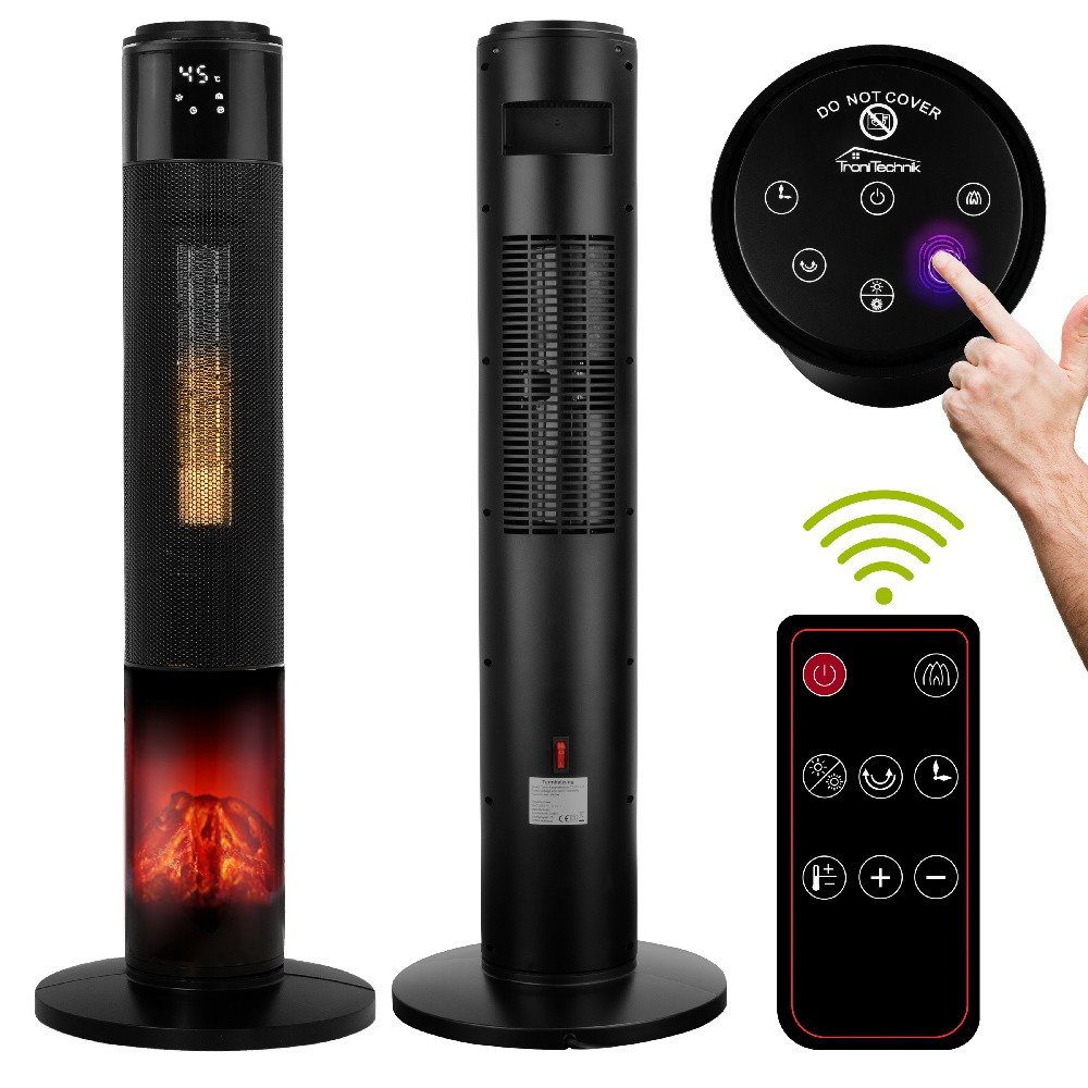 TroniTechnik Heizstrahler Turmheizer,Keramikelement,Heizgerät,Oszillation simulierten Flammen, 1000 W, zwei Heizstufen, Überhitzungsschutz und Abschaltautomatik, Thermostat