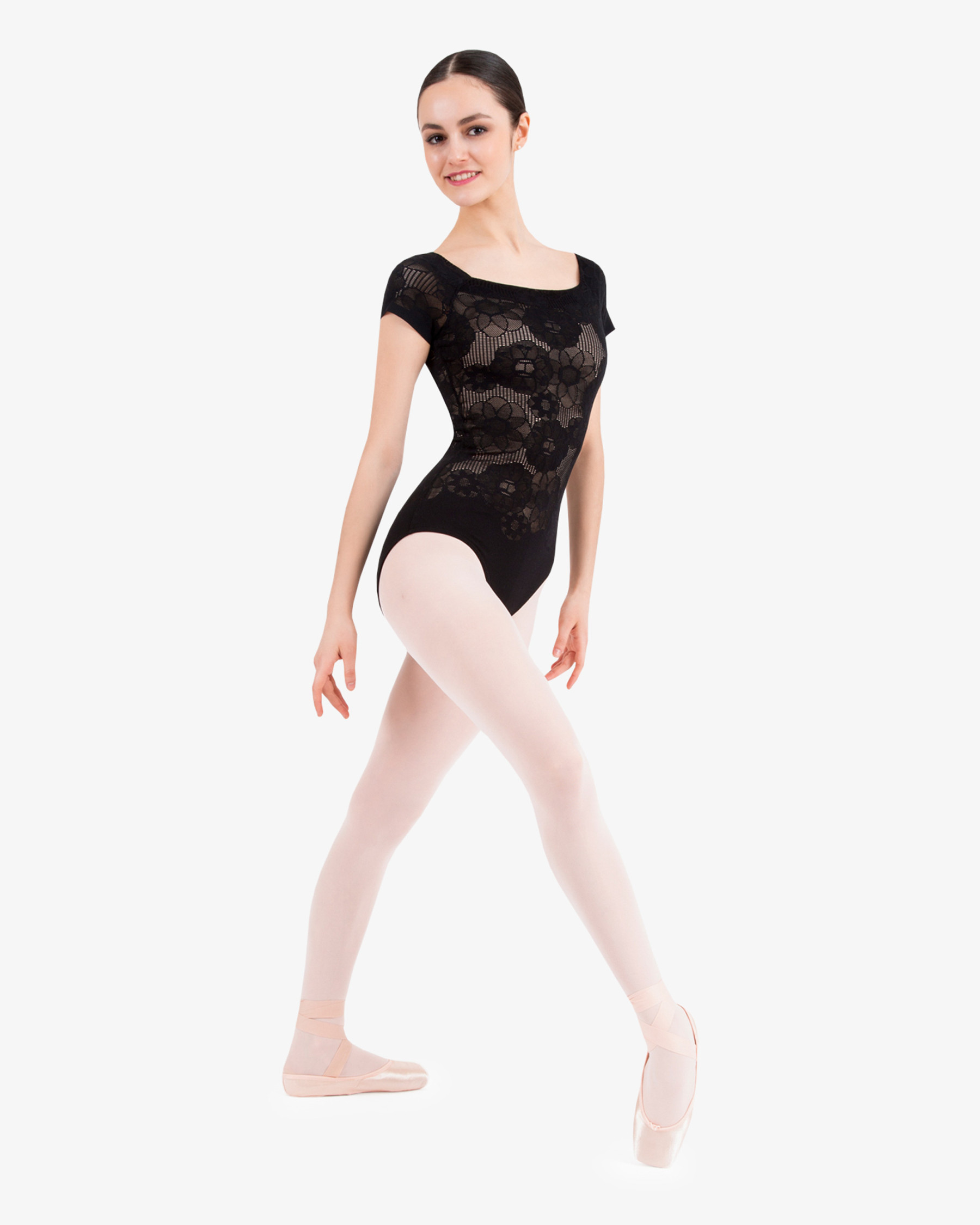 Short sleeves rosette lace leotard