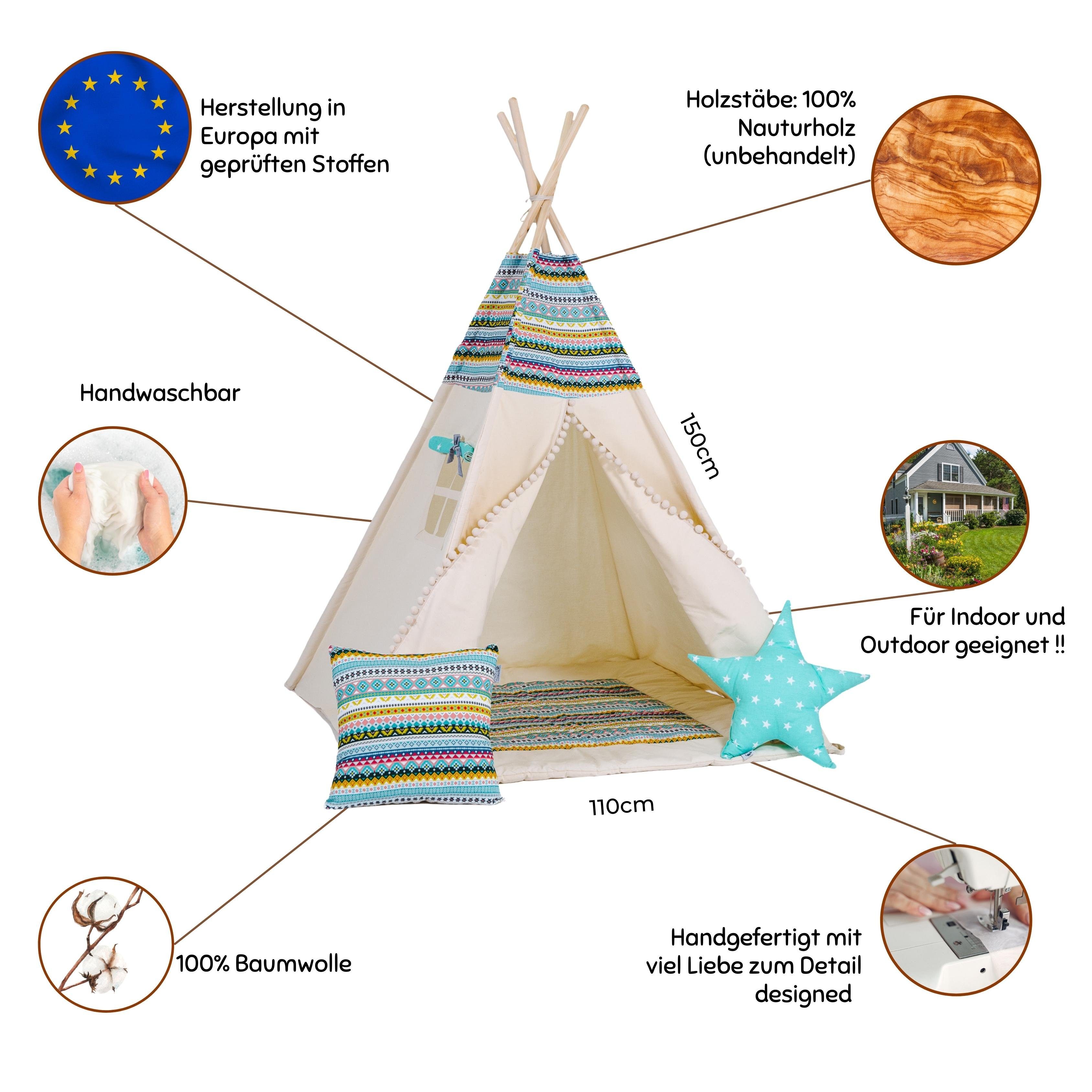Rainbow Kids Tipi-Zelt Apache, Personen: 2 (mit kleinem Zubehör, 4 tlg., mit 2 Kissen und Matte)