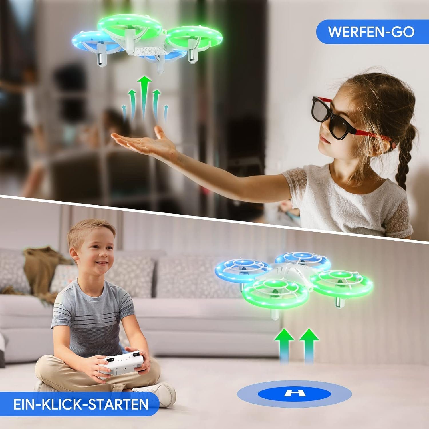 Tomzon Mini Drohne für Kinder, Blauen und Grünen LED Lichter Drohne (Fliege mit Leichtigkeit: 2 Akkus, 3D-Flip, Kopflos-Modus, für Anfänger)