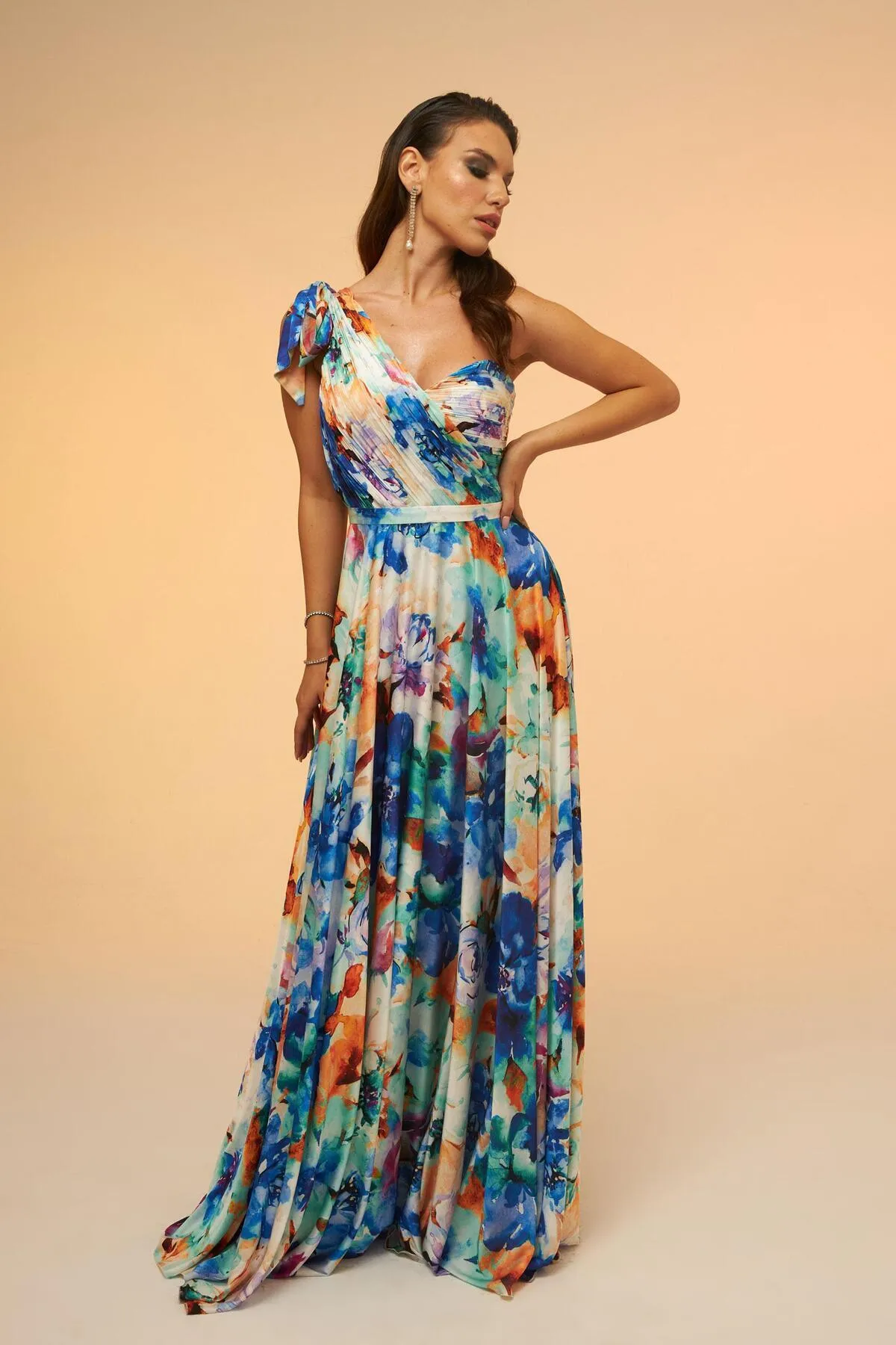 Carmen  Saks Bedrucktes, einärmliges, langes Abendkleid