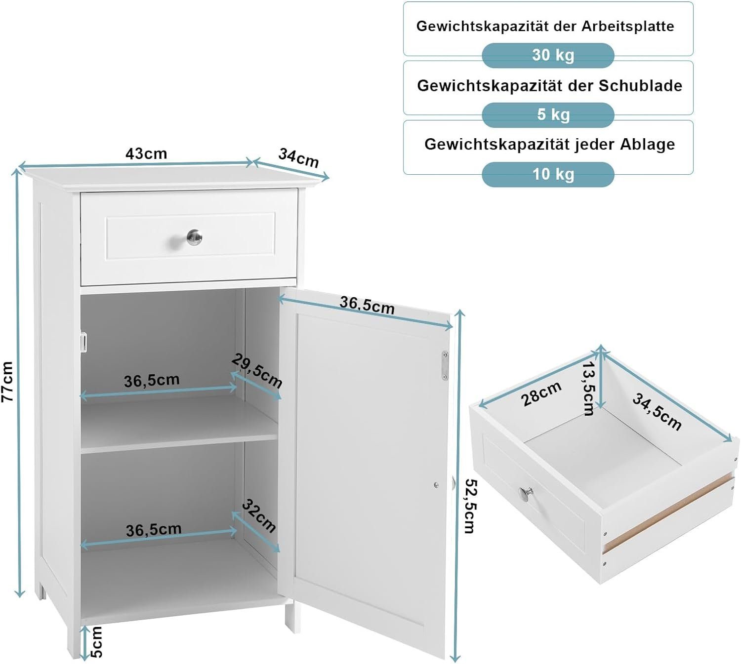KOMFOTTEU Badkommode Badschrank, mit Schublade & Tür, 43 × 34 × 77 cm, weiß