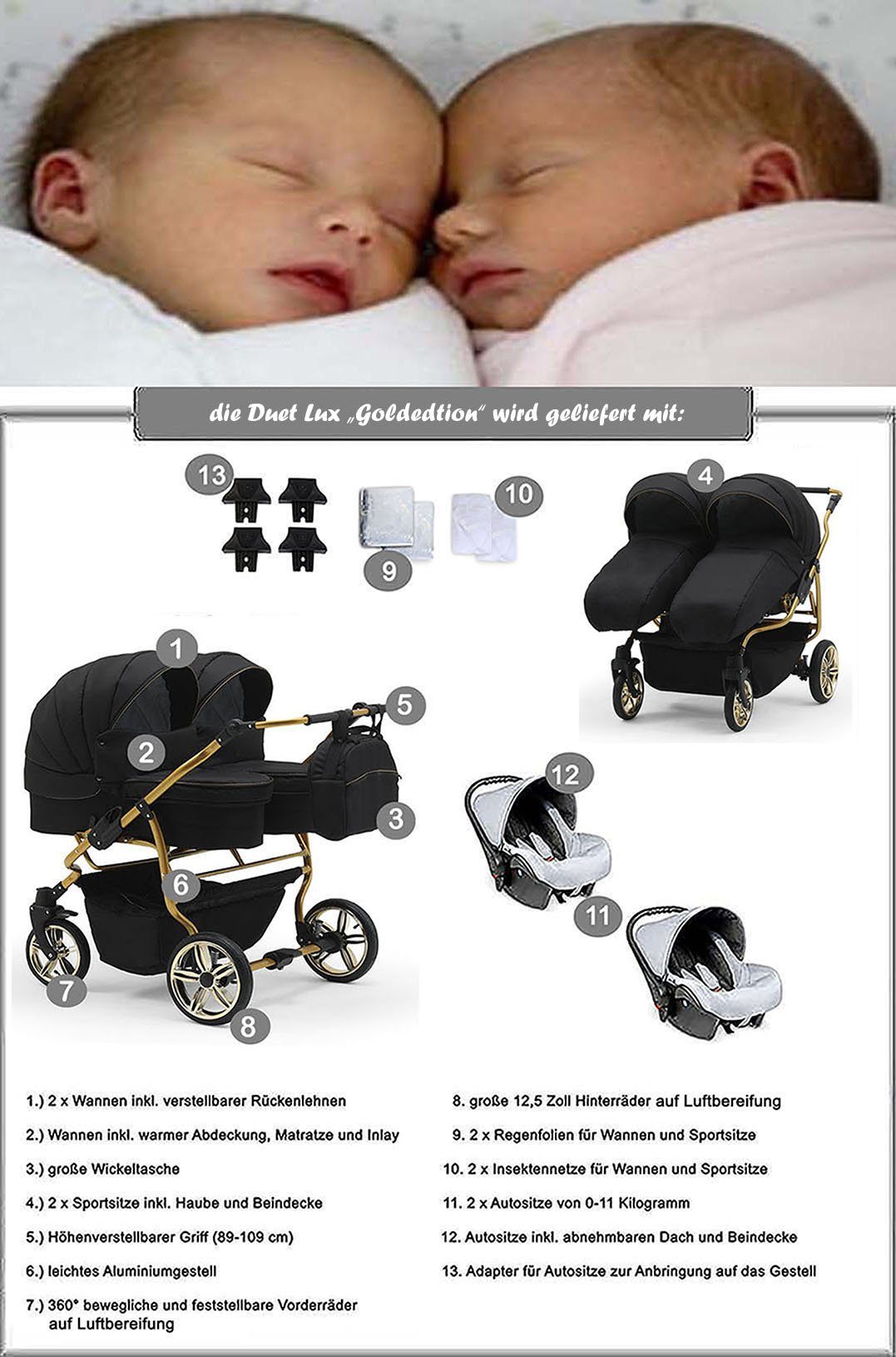 babies-on-wheels Zwillingswagen Duet Lux Gold 3 in 1 inkl. Autositze - 13 Teile - in 33 Farben