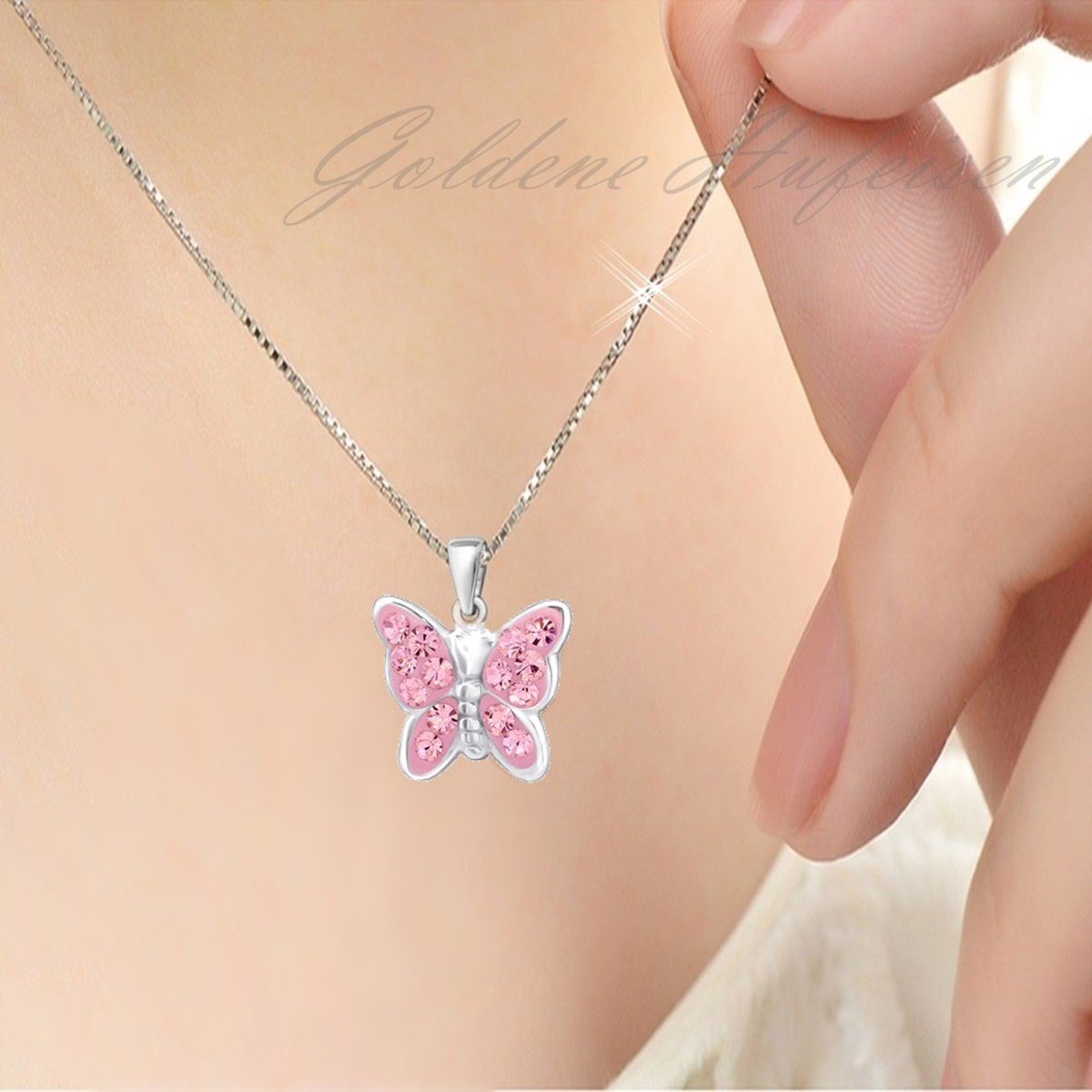 Goldene Hufeisen Kette mit Anhänger Mädchen Kinder mini klein Schmetterling Anhänger mit Kette 925 Silber (2-tlg, inkl. Etui), mit Kristall