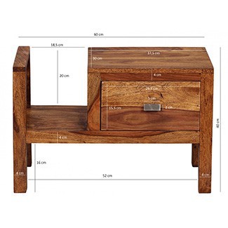 Skyport Sheesham Massivholz Nachtkonsole mit Schublade und Zeitungsablage 60 x 30 x 40 cm
