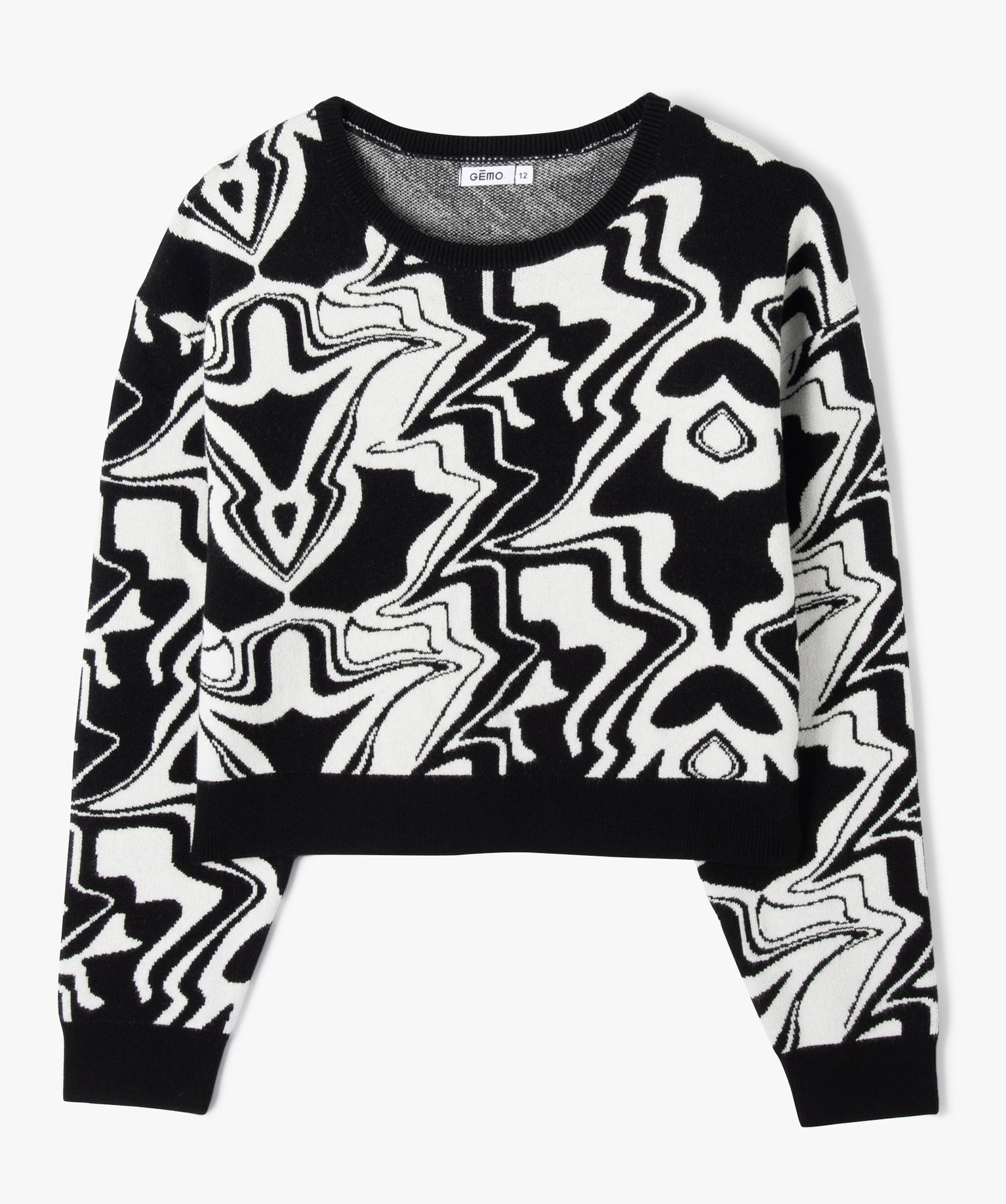 Pull court à col rond à motif abstraits fille noir | GEMO