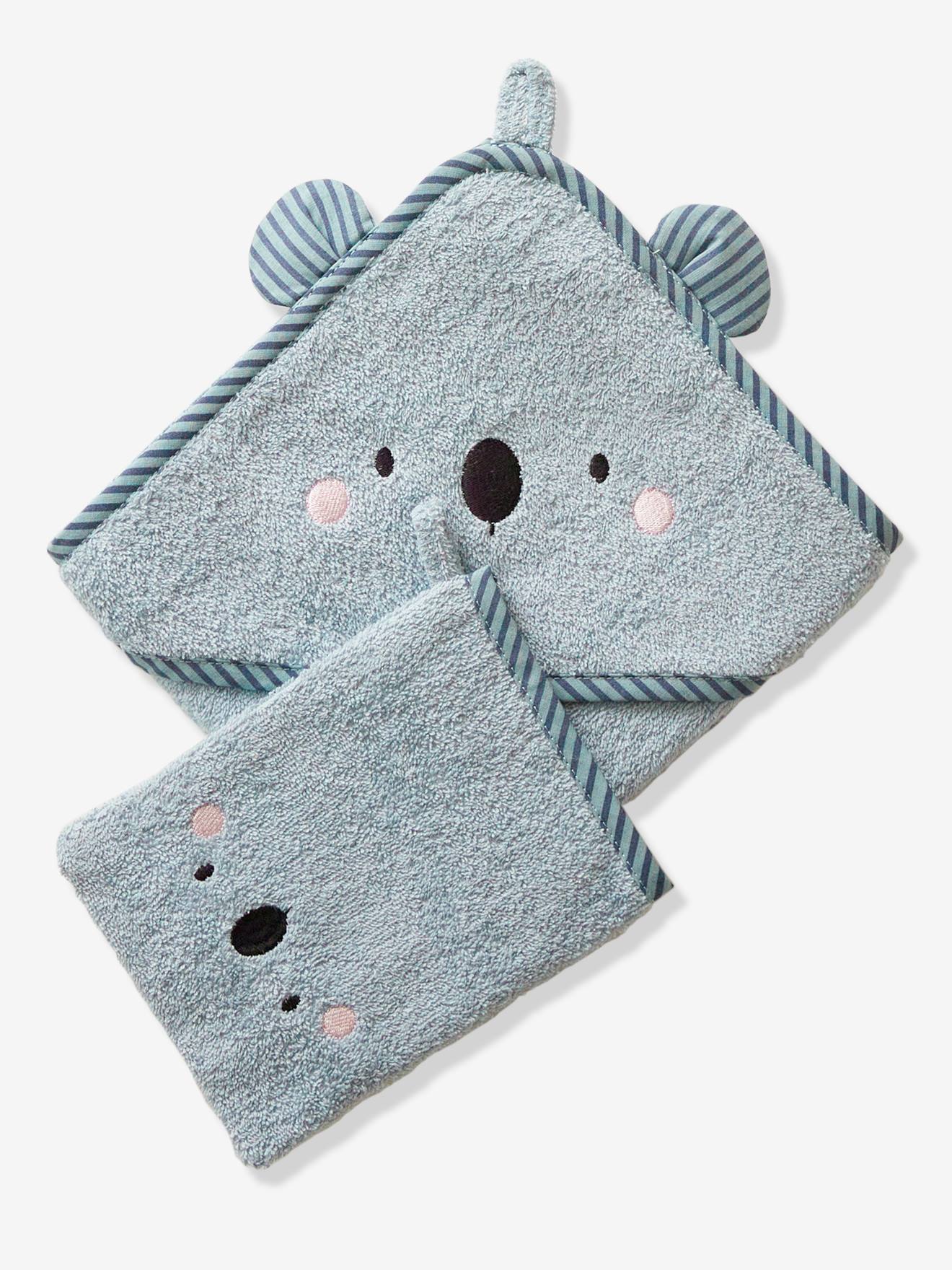 Cape de bain bébé à capuche brodée animaux blanc