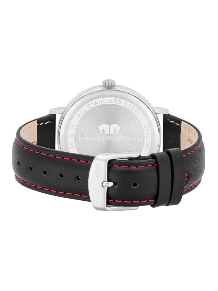 Rhodenwald & Söhne Herren Quarzuhr silber Echtleder schwarz in schwarz günstig kaufen 20,5 cm