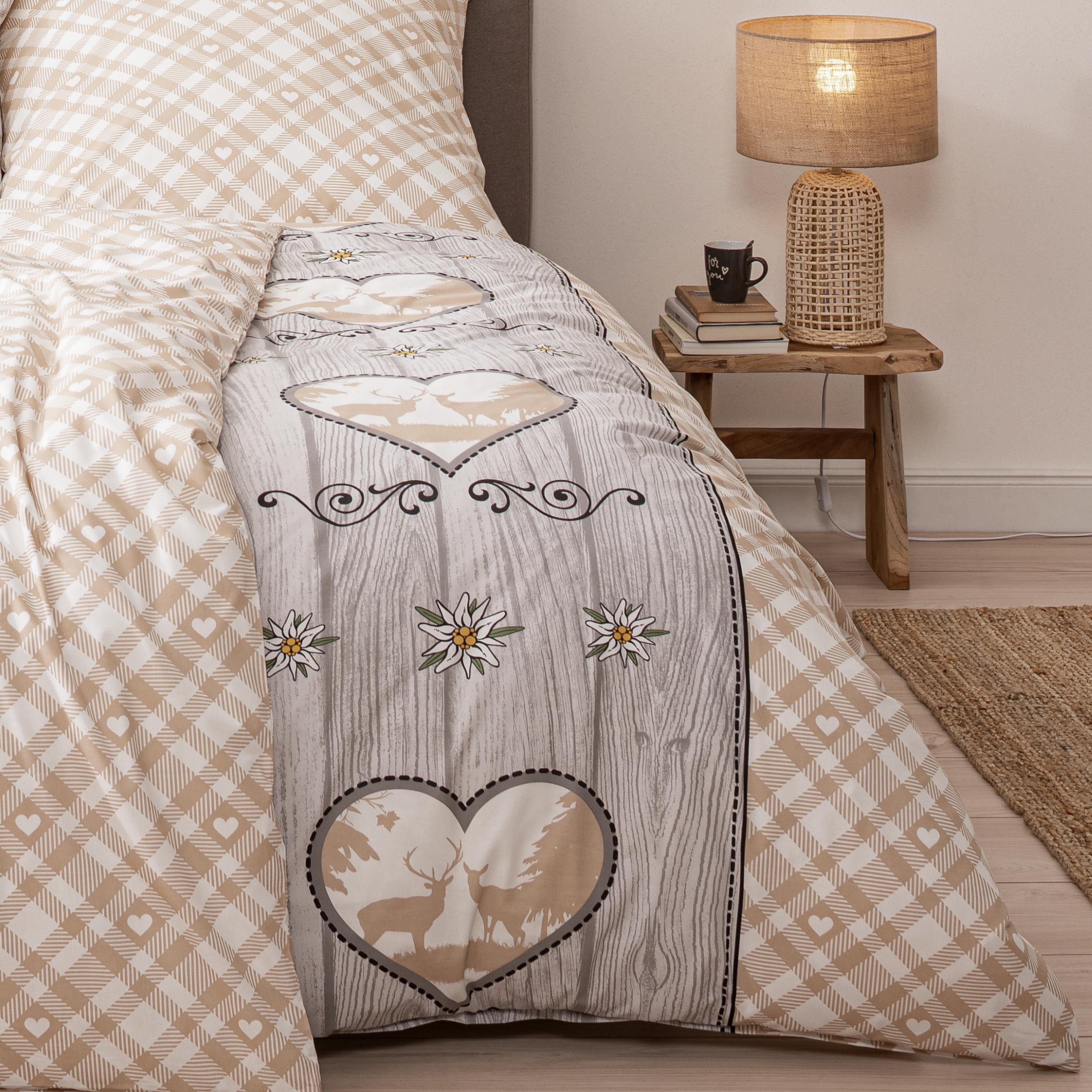 Bettwäsche Landhaus Vintage, 100% Baumwolle, MTOnlinehandel, Renforcé, 2 teilig, Oktoberfest Partnerbettwäsche in Karo-Design und Holzoptik