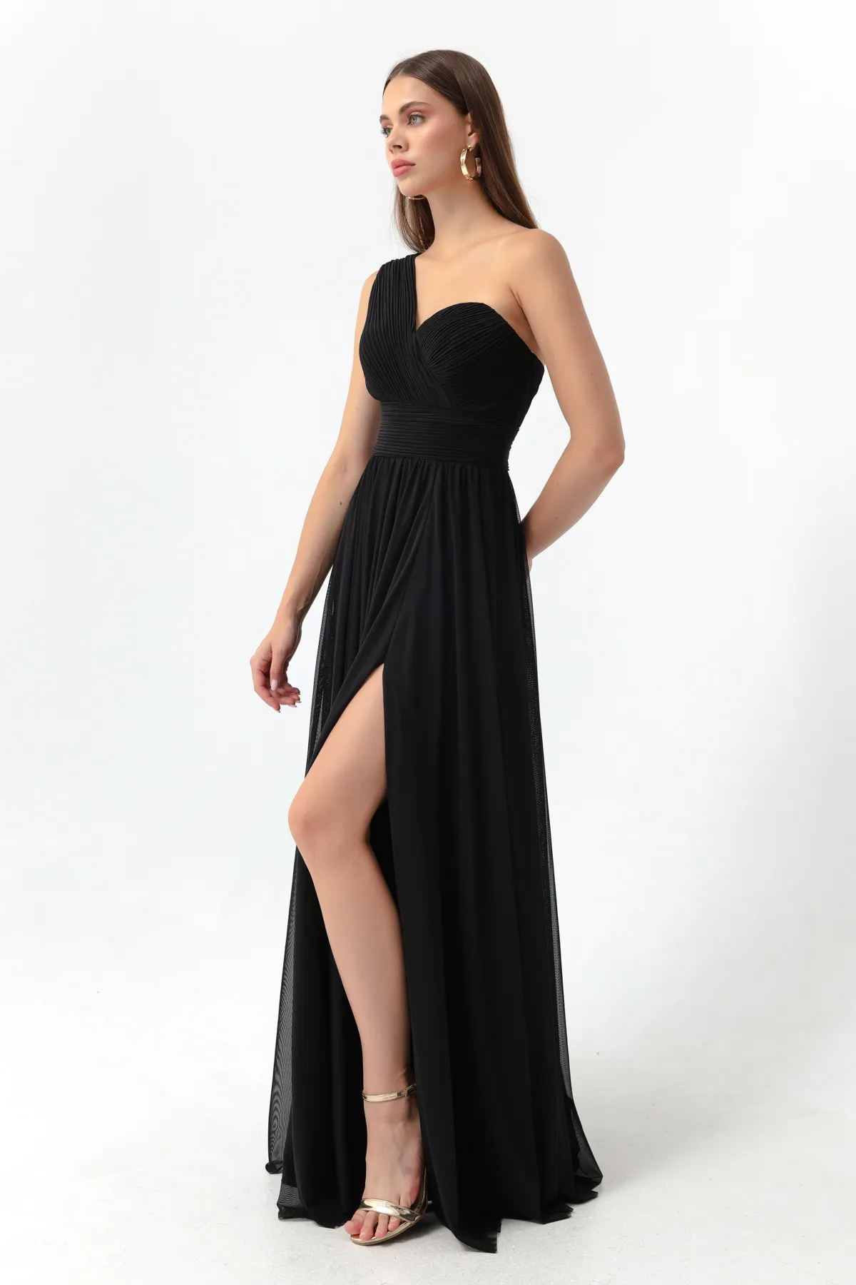 Lafaba  Schwarzes langes Abendkleid mit One-Shoulder-Schlitz für Damen