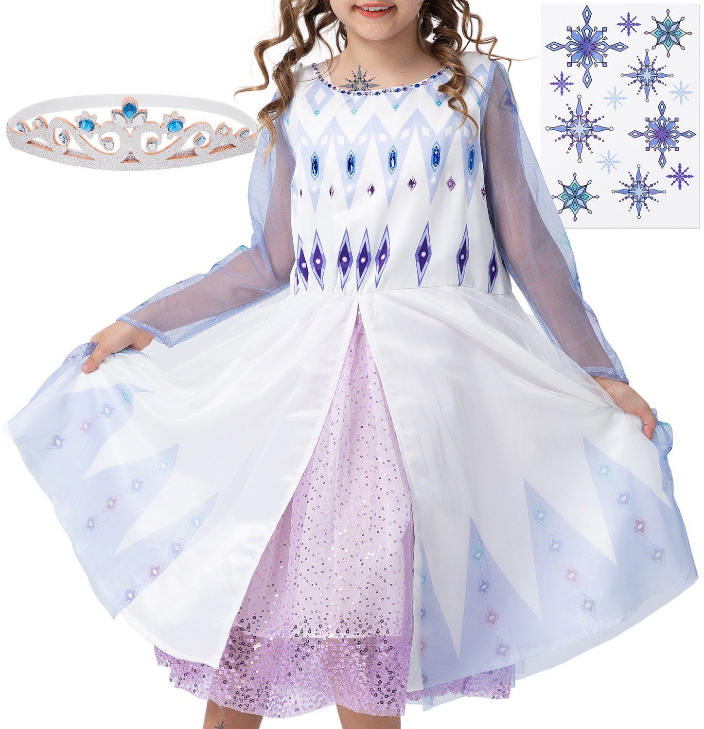 Corimori Prinzessin-Kostüm Prinzessinnen-Kostüm Set für Elsa Fans, Kinder, Mit Eiskönigin Diadem, Tattoo-Bogen für Mädchen, Karneval, Fasching