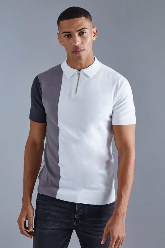 Kurzärmliges Colorblock Strick-Poloshirt mit halbem Reißverschluss
