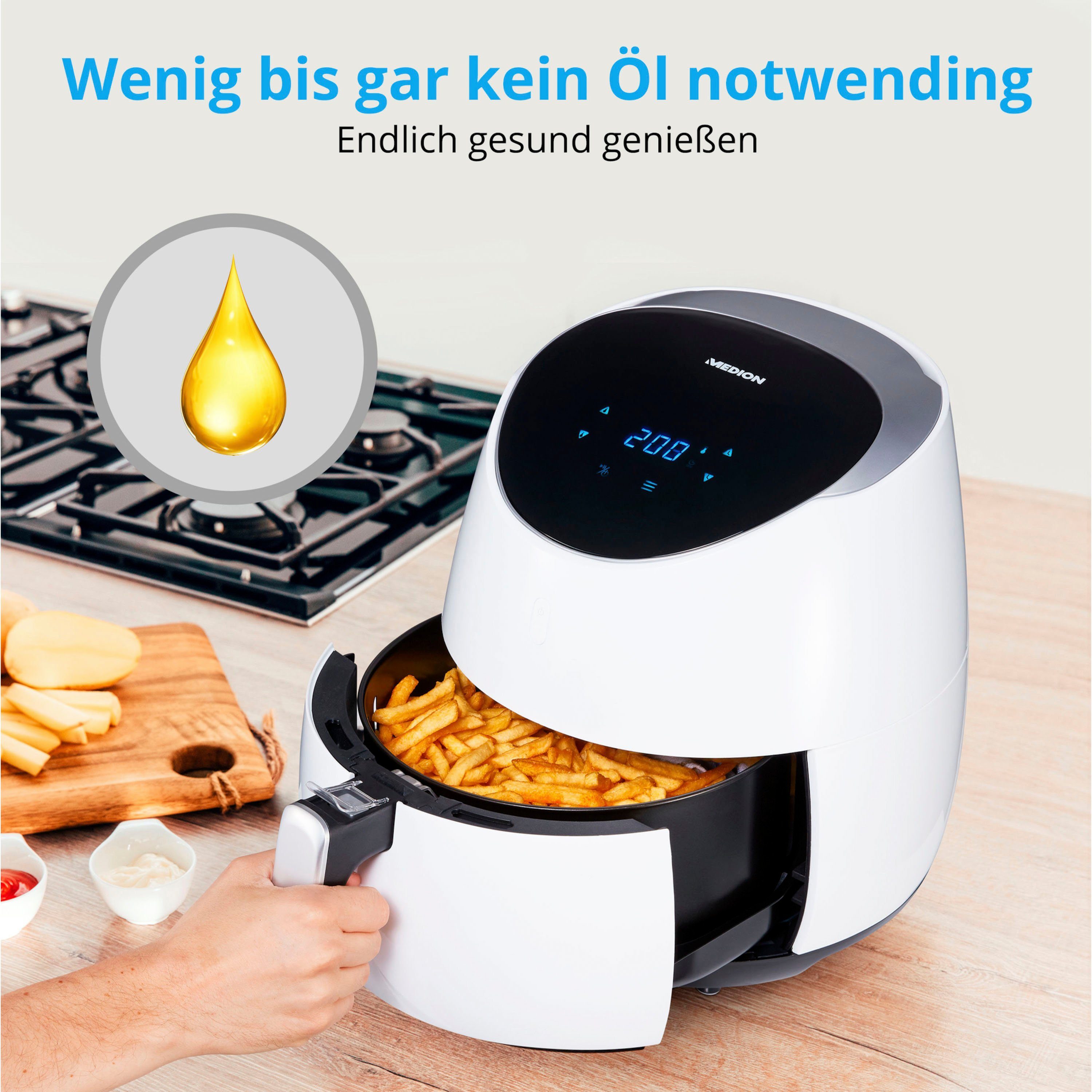 Medion® Heißluftfritteuse MD 19279, 2000 W, Fassungsvermögen bis zu 0,6 kg