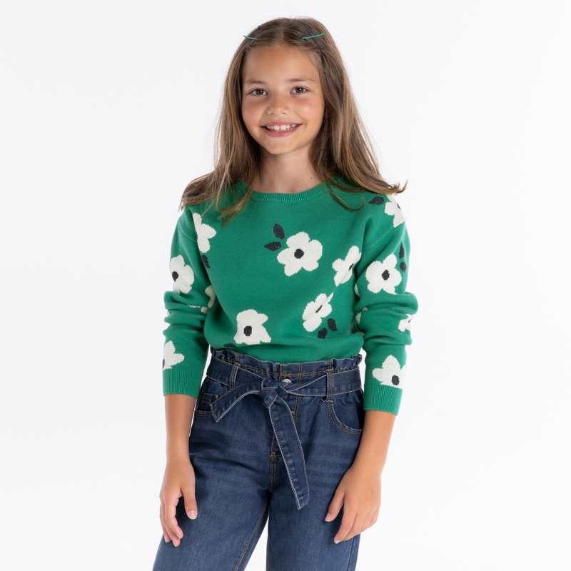 Pull jacquard à fleurs vert fille