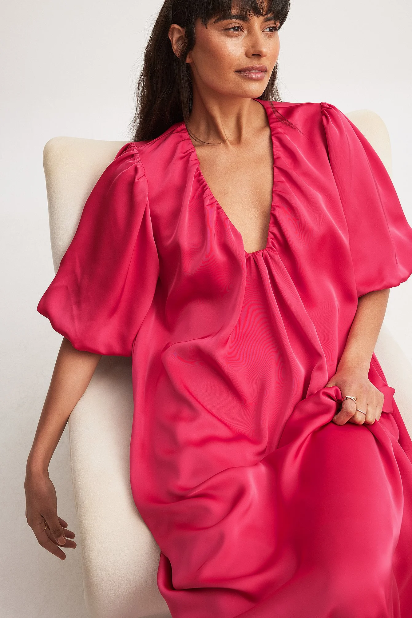 Deep Neck Puff Sleeve Satin Maxi Dress
